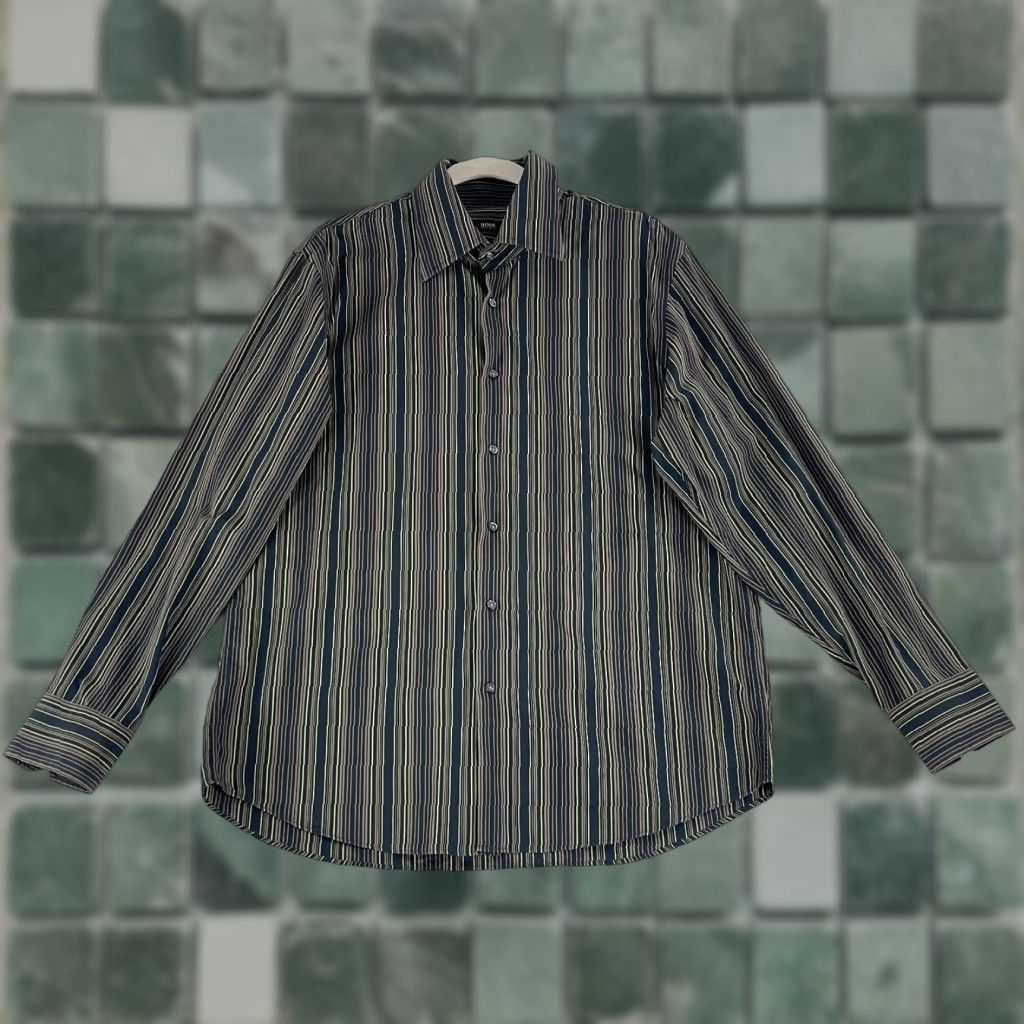 Hugo Boss **Hugo Boss Mens XL Brown Striped Long Sleeve Button-Up Dress Shirt** User: **Hugo Boss Mens Size XL Brown Striped Long Sleeve Button-Up Dress Shirt** Size 46R - 1 Thumbnail