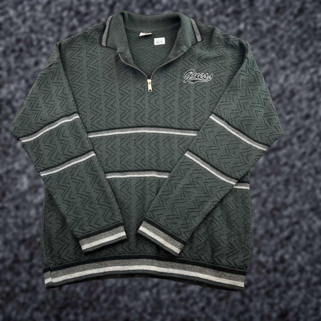 Guess VINTAGE GUESS Sweater Mens XL Green 1/4 Zip Collared Striped Made USA 90s Size US XL / EU 56 / 4 - 1 Thumbnail