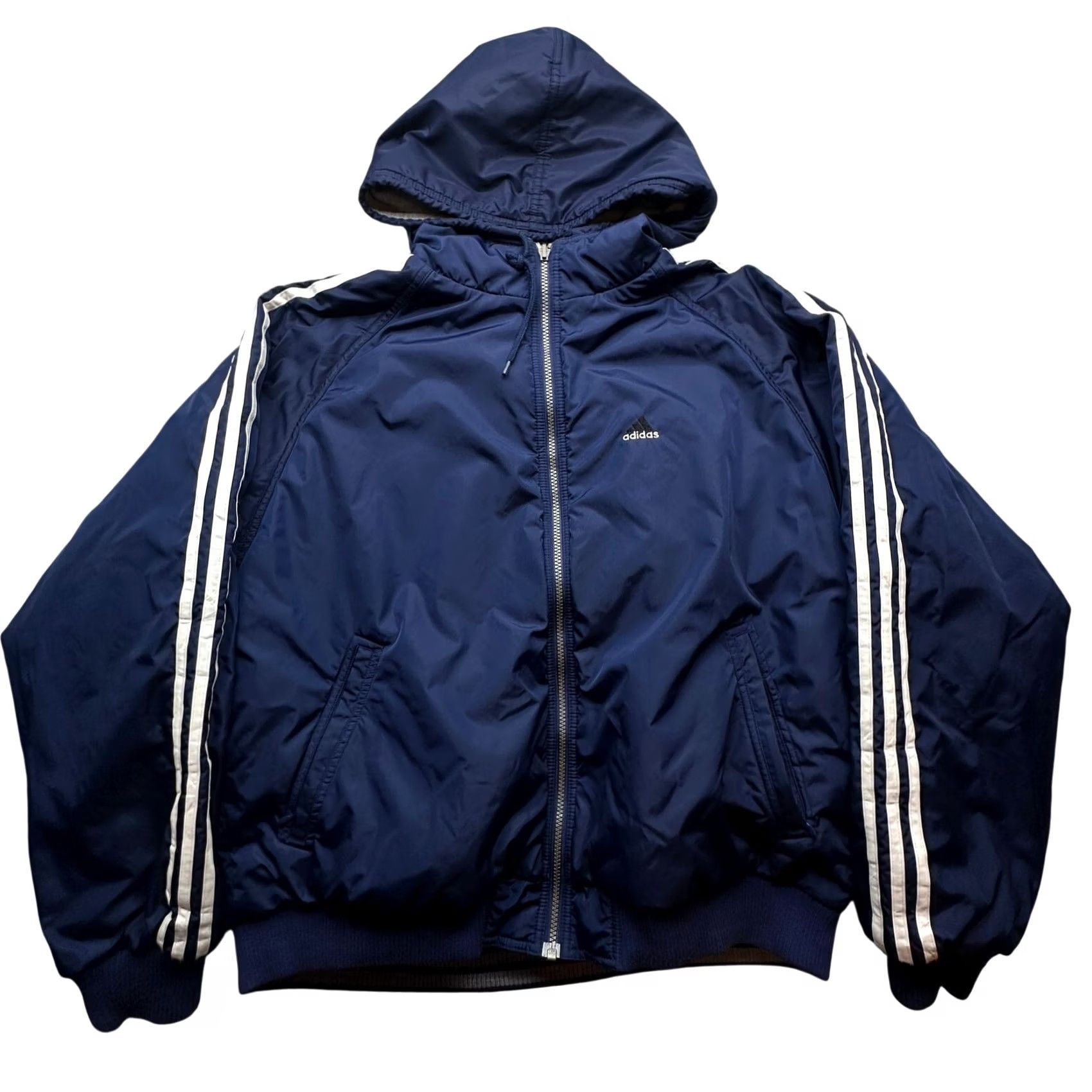 Adidas VINTAGE Adidas Reversible Nylon Jacket Hoodie Mens Large Navy Blue Gray White Full Zip Pockets Logo 90s Coat Size US L / EU 52-54 / 3 - 2 Thumbnail