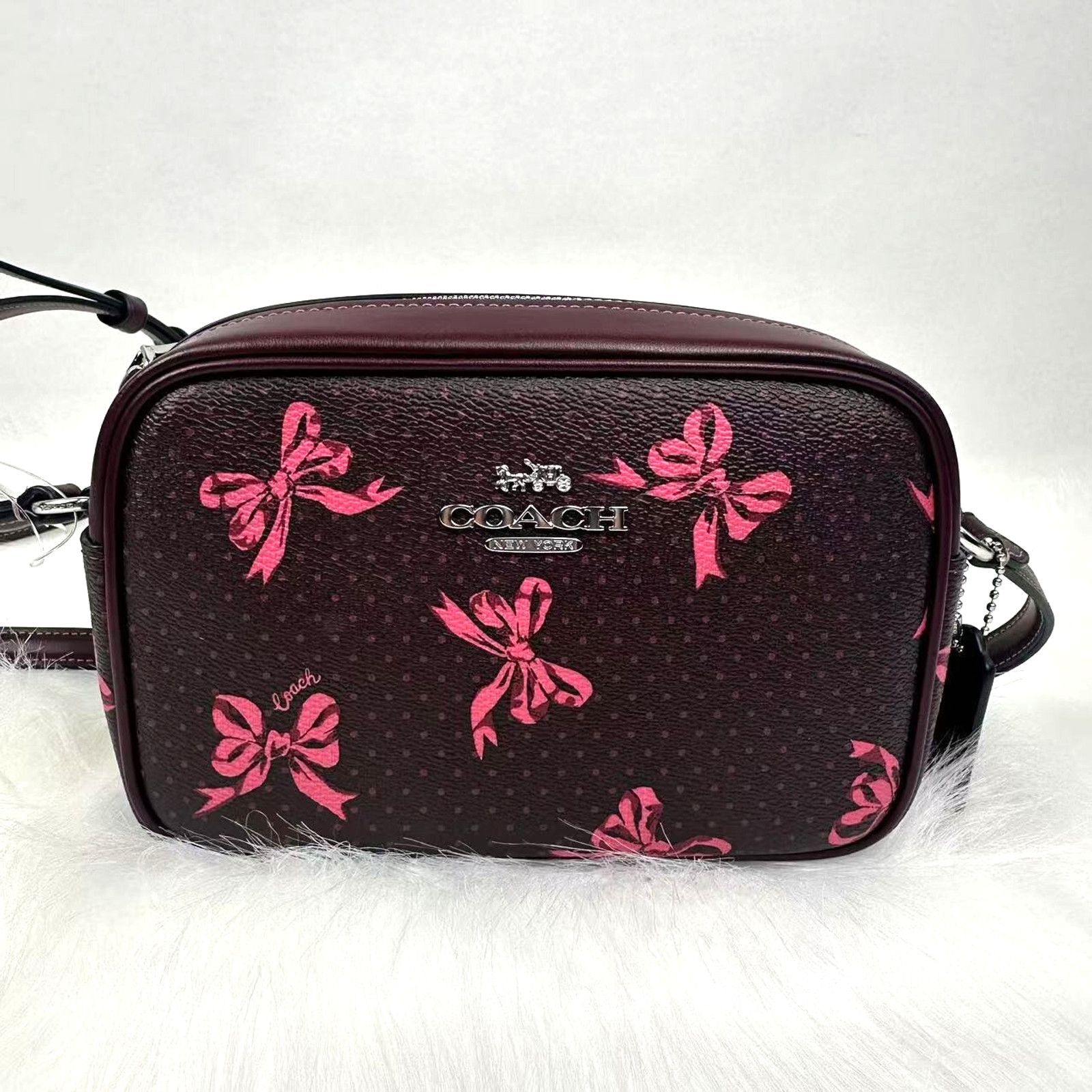 Coach Jamie Mini Camera Bag Crossbody Bow Print Merlot NWT in Purple, Women's