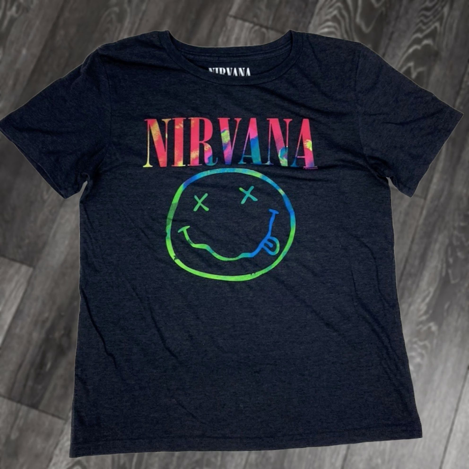 Vintage Nirvana T-Shirt Women's Medium Black Heather Graphic Iconic Smiley Music Retro Crew Neck Short Sleeve Cotton Size M / US 6-8 / IT 42-44 - 1 Thumbnail