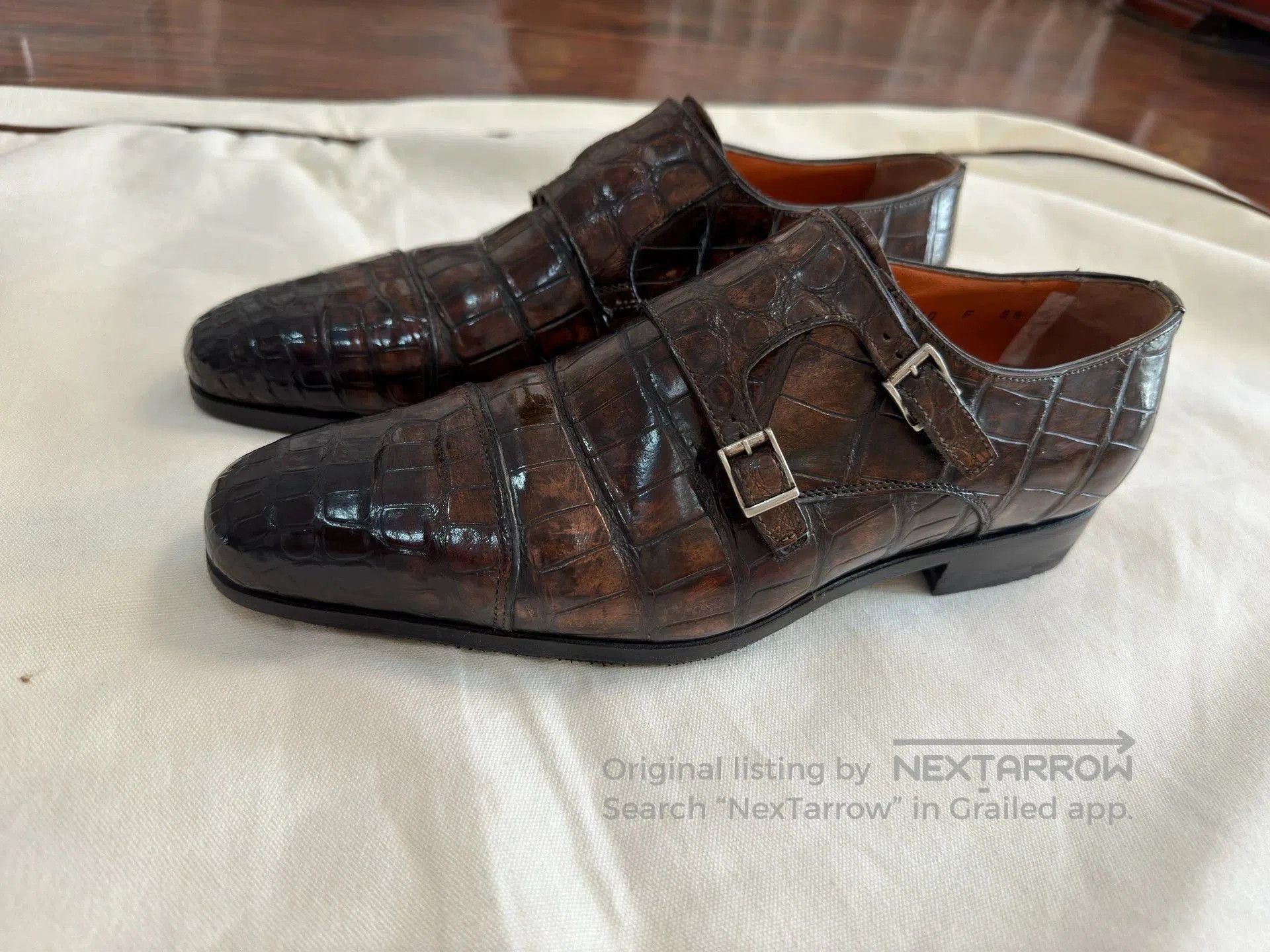 Santoni Brown Crocodile Texture Double Monk Strap Formal Shoes. Size US 6.5 / EU 39-40 - 4 Thumbnail