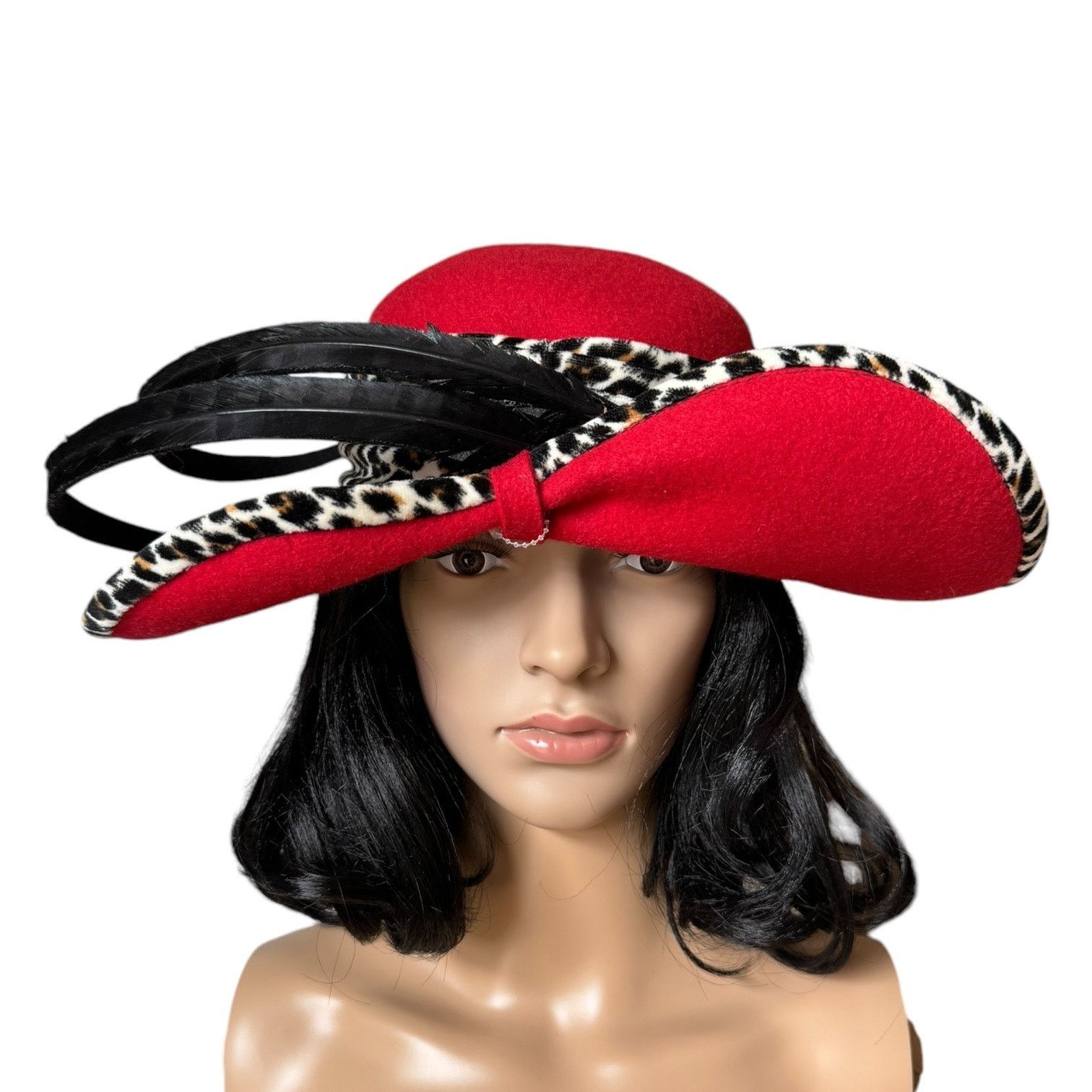 Vintage NWT 1960's Mr. John Classic Hat Red animal print feathers Size ONE SIZE - 2 Thumbnail