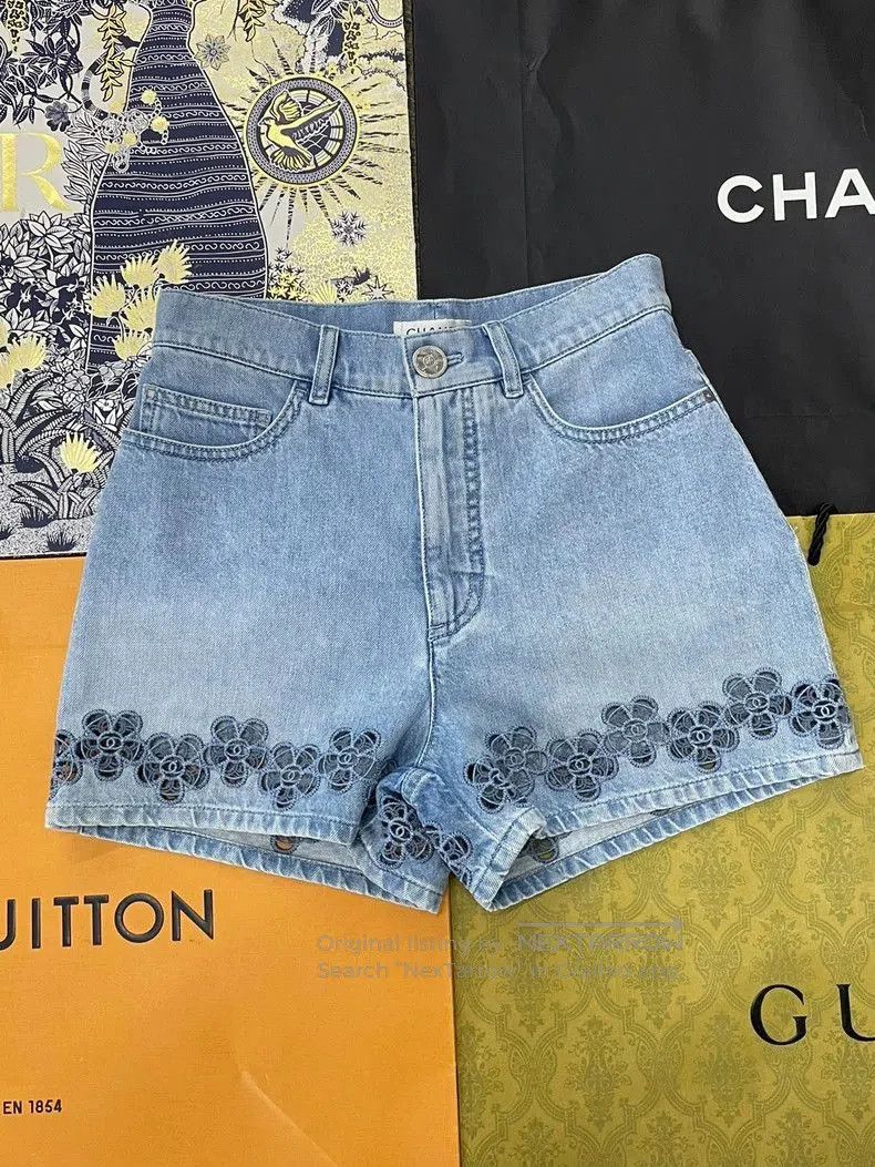 Chanel 24P Blue Floral Hem High-Waist Shorts.