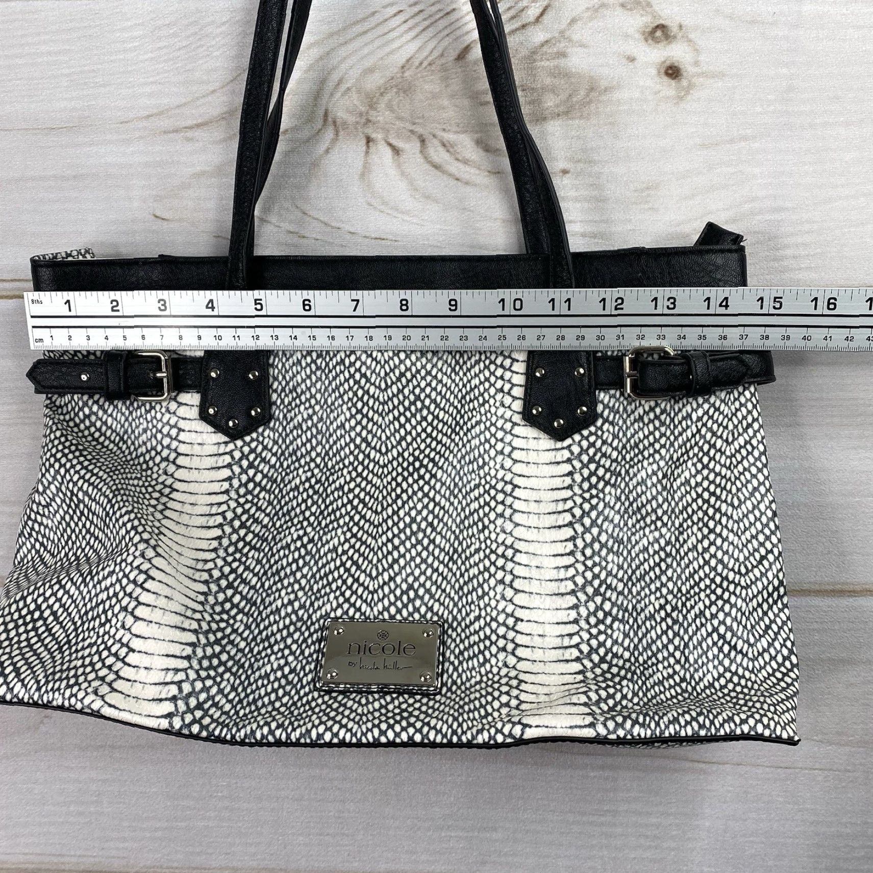 Nicole Miller Nicole Miller Snake Print Purse Black White Double Handles Shoulder Bag Vegan Size ONE SIZE - 5 Thumbnail