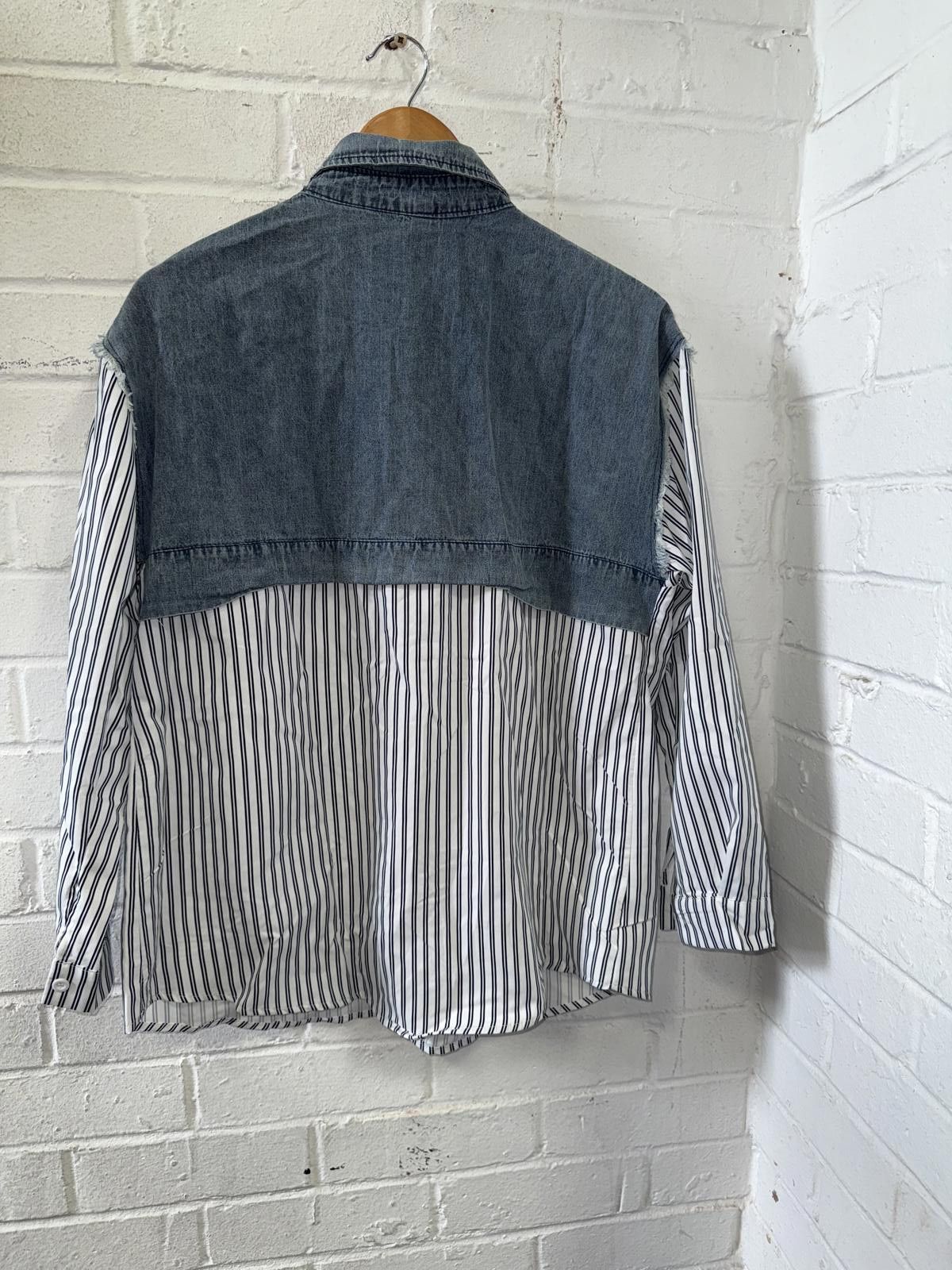 Designer Unique Denim and Stripe Shirt - Feminist Message Size XL / US 12-14 / IT 48-50 - 4 Thumbnail