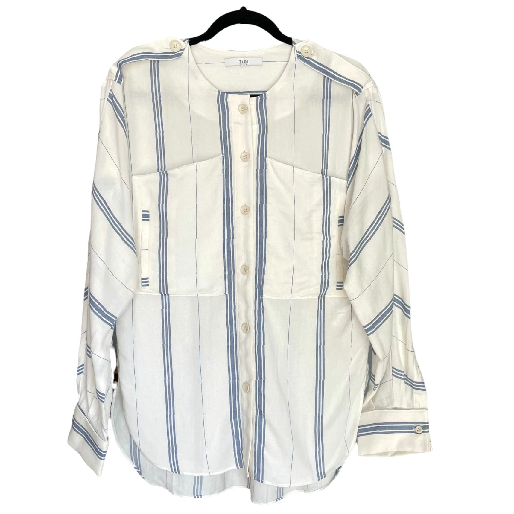 Tibi VINTAGE Tibi Warren Striped Dolman Military Shirt Button Front XXS Relaxed Fit Women White/Blue Size XXS / US 00 / IT 34 - 5 Thumbnail