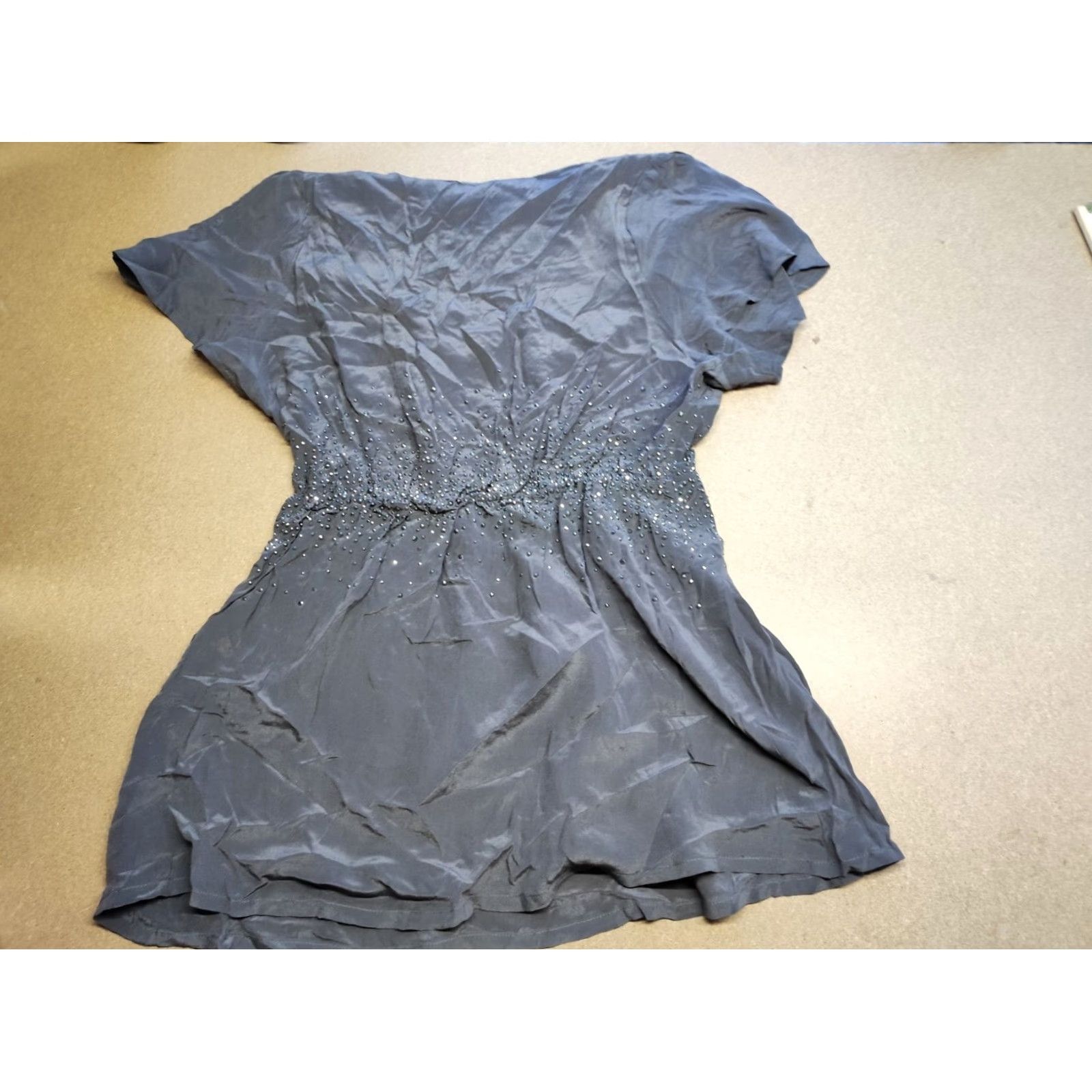 Vintage Rosemunde Copenhagen Dress Womens Size 36 Gray 100% Silk Knee Length Short Sleeve Round Neck Wool? Embroidered Elastic Waist Wrap Dress Ladies Size XS / US 0-2 / IT 36-38 - 2 Thumbnail