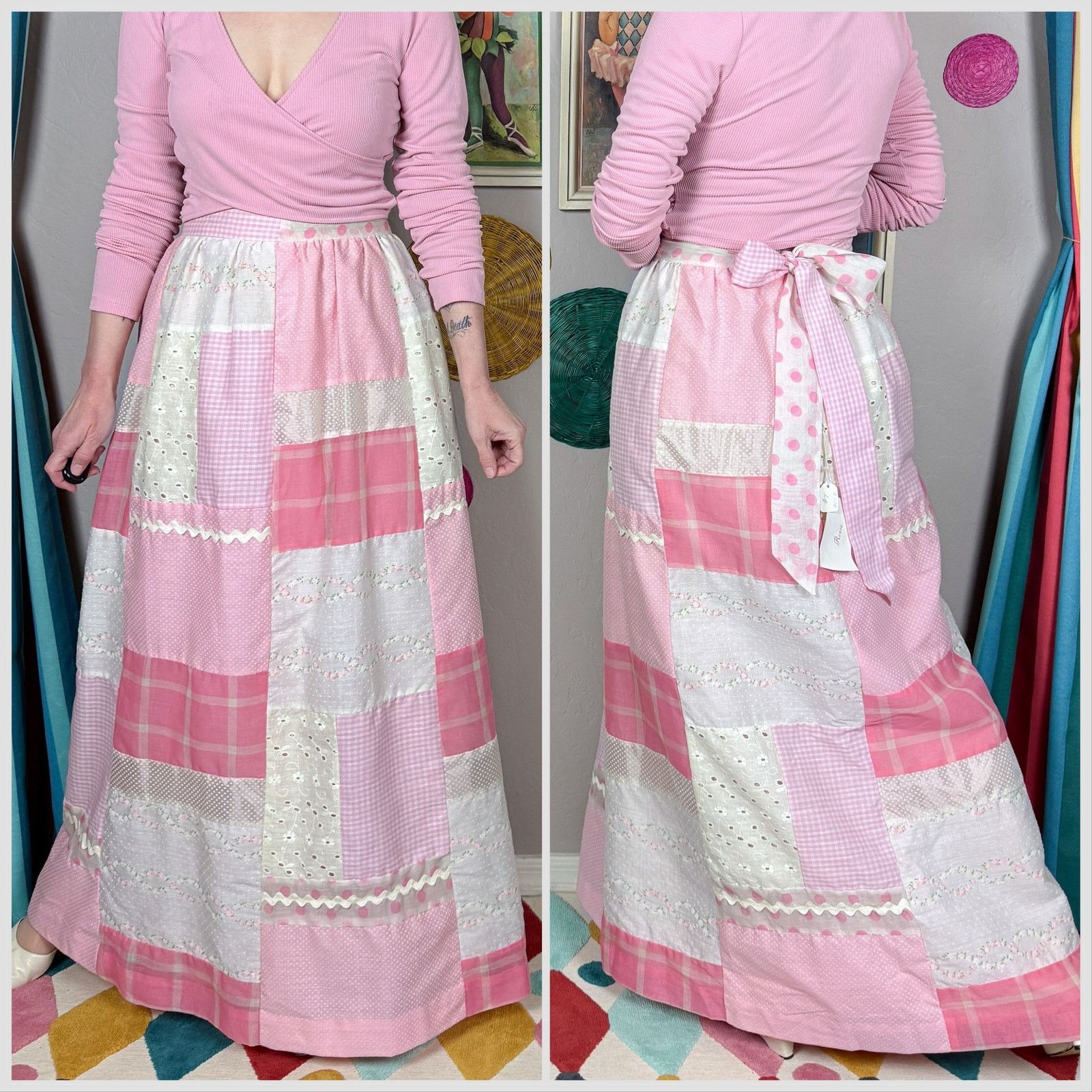 Vintage Vintage 1970s Pink and White Patchwork Peasant Maxi Skirt Size 30" / US 8 / IT 44 - 3 Thumbnail
