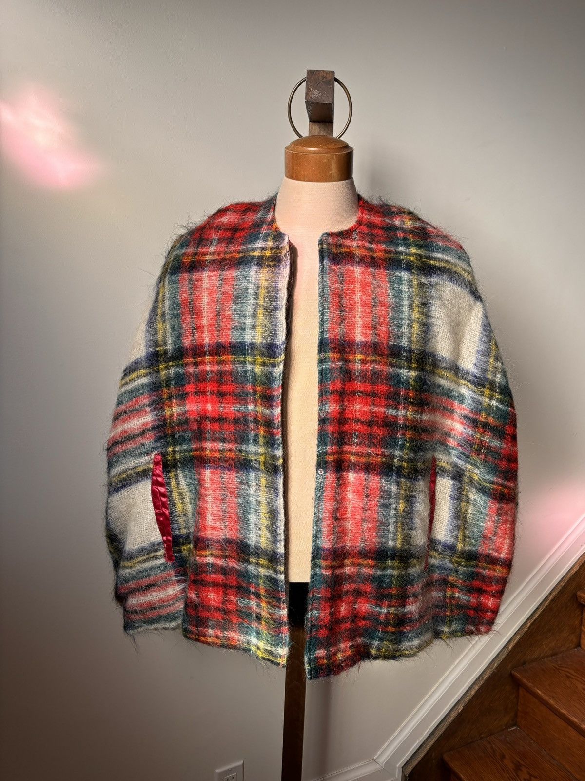 image of Archival Clothing x Cashmere Wool Vintage Cape Shag Mohair Shawl Tartan Plaid Loose Knit Cloak (Siz