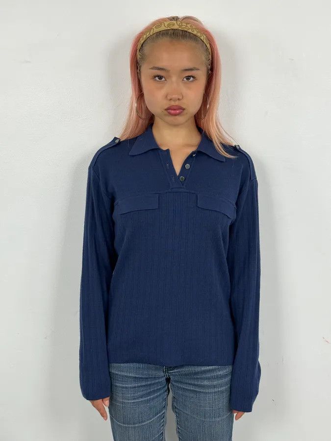 Versace Versace Navy Flat Wool Longsleeve Polo Size M / US 6-8 / IT 42-44 - 2 Thumbnail