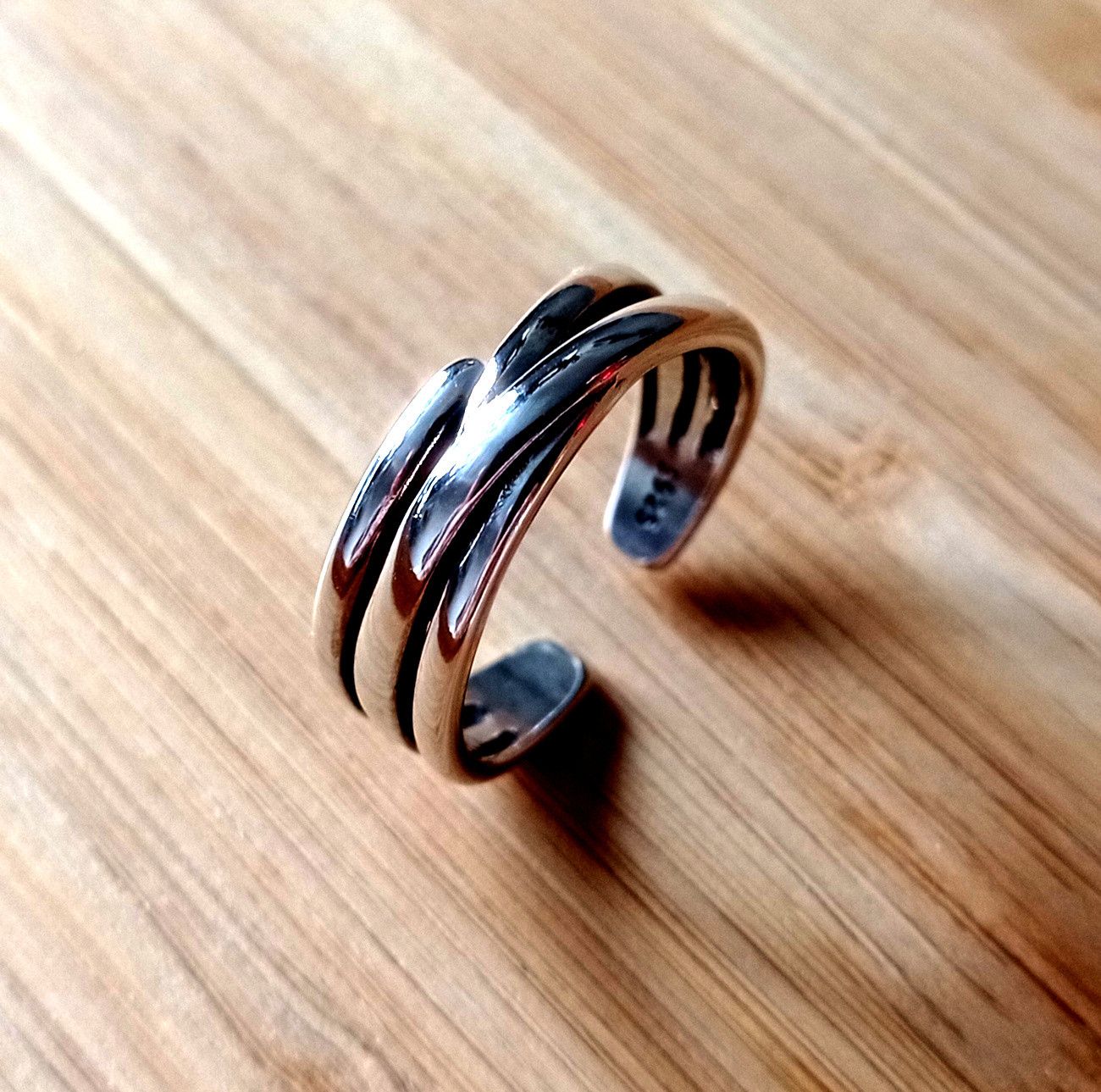 Designer × Vintage Punk Shine Asymmetric Float Stripes 925 Silver Ring Unique Size ONE SIZE - 1 Thumbnail
