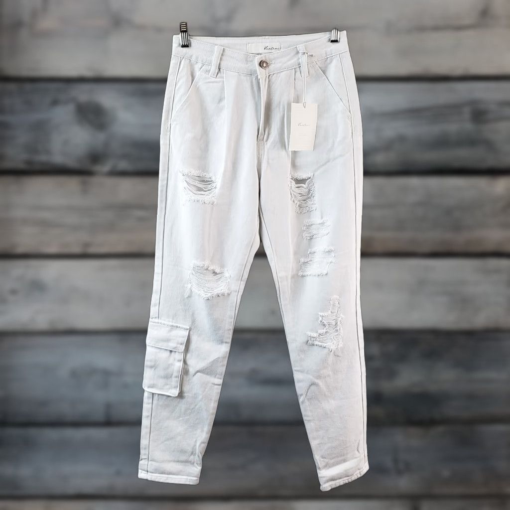 Vintage Kancan Womens High Rise Jeans Sz 24 White Distressed Cargo Pocket Denim 29.5in Inseam Womens Size 42" / US 20 - 1 Thumbnail