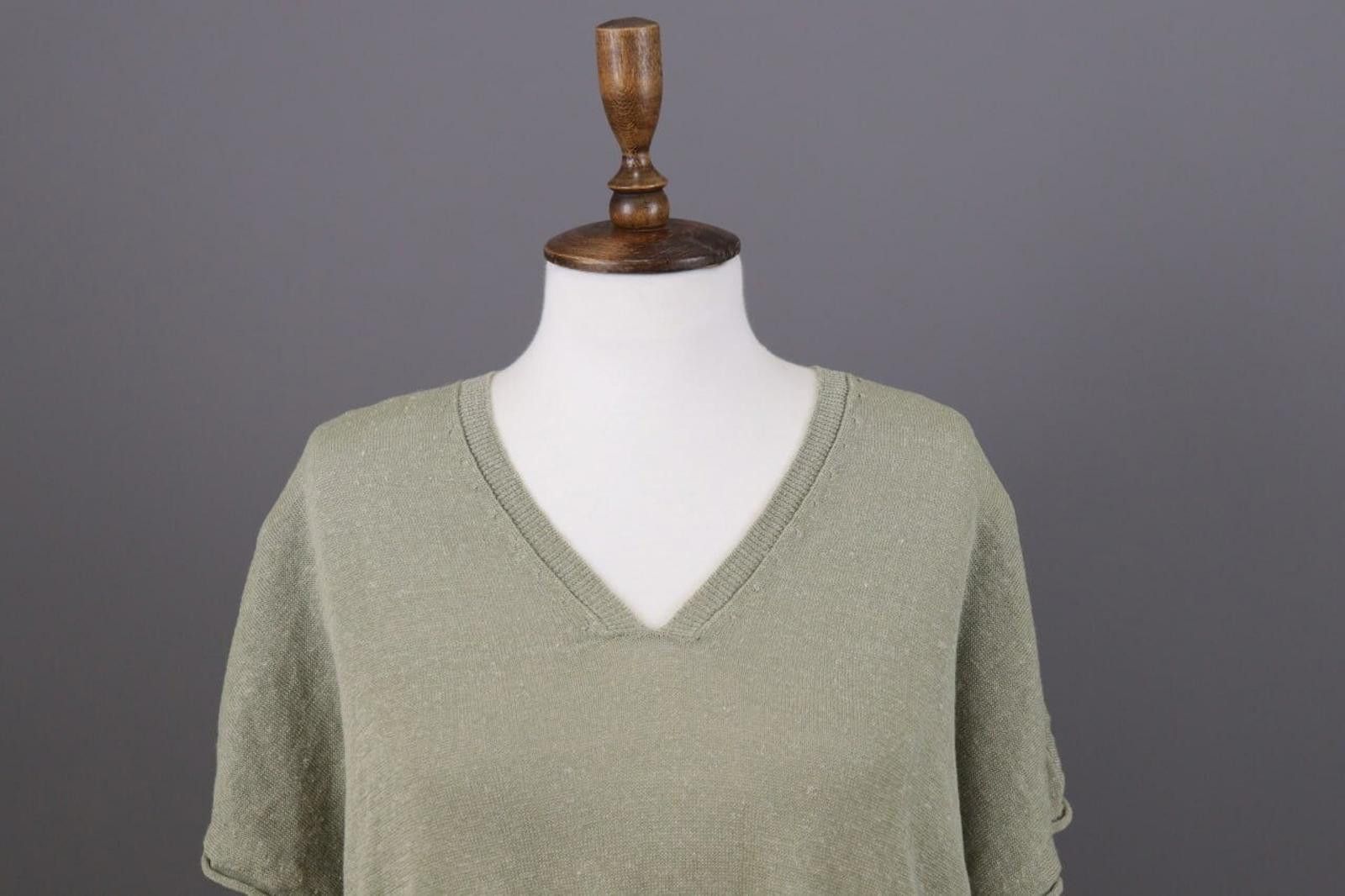 Oscar De La Renta Oska Khaki Linen V-Neck Crochet Knit Top Shirt Size 2 / M Size XS / US 0-2 / IT 36-38 - 5 Thumbnail