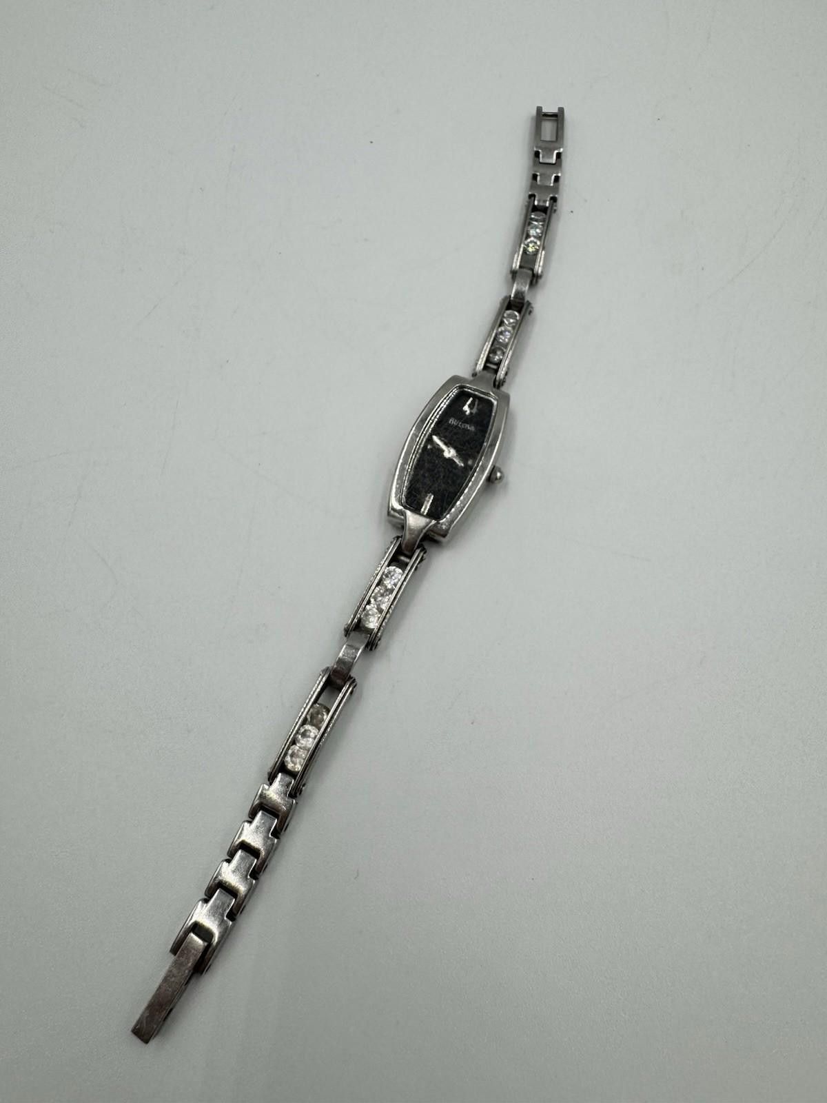 Bulova Womens Floating Crystals Black Dial Silver Stainless