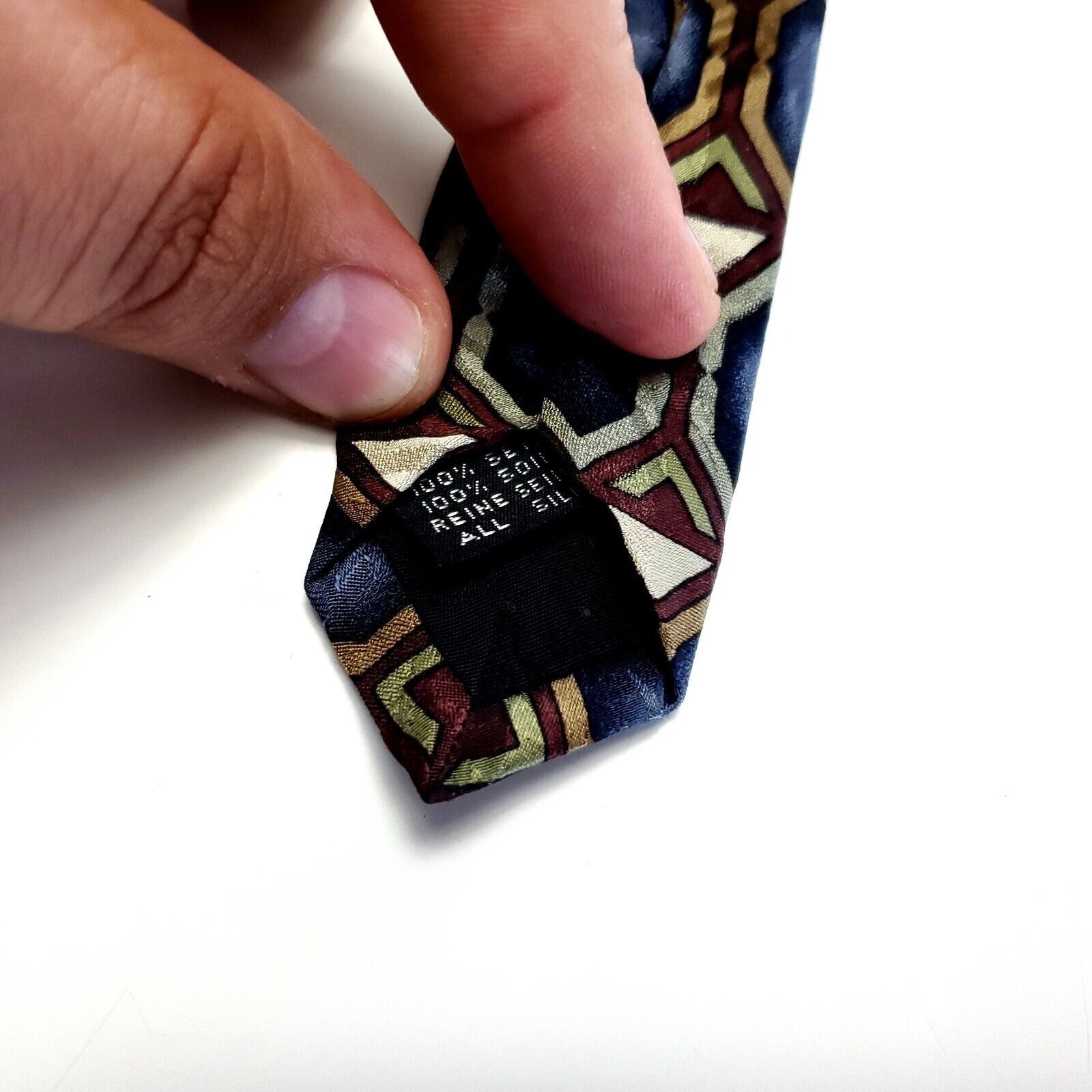 Vintage Z. Inc Blue Tan Jacquard Geometric Print Wide Silk Tie Size ONE SIZE - 4 Thumbnail