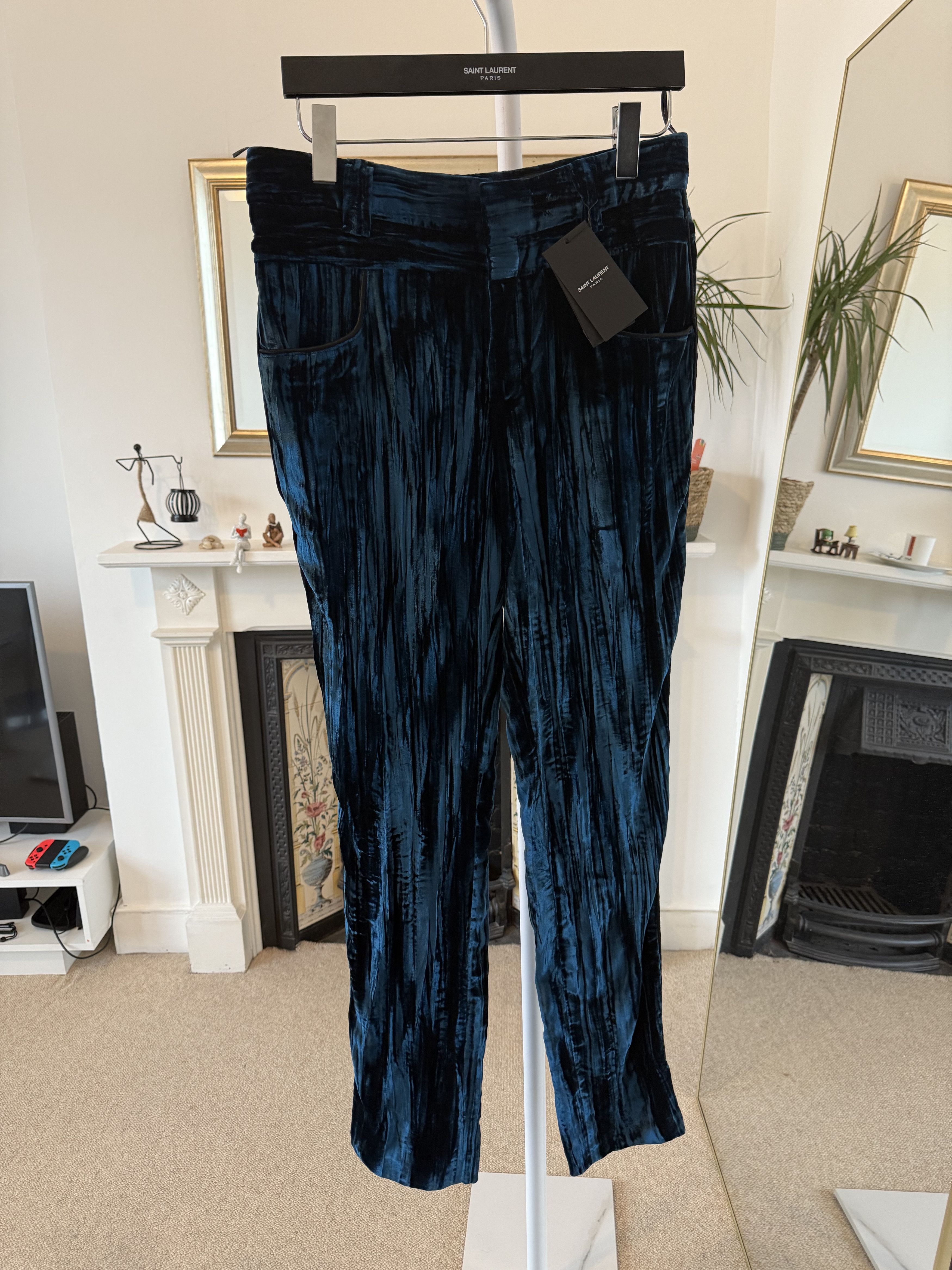 Saint Laurent Paris FW19' Saint Laurent Low Waist Velour Blue Striped Pants Size US 30 / EU 46 - 1 Thumbnail