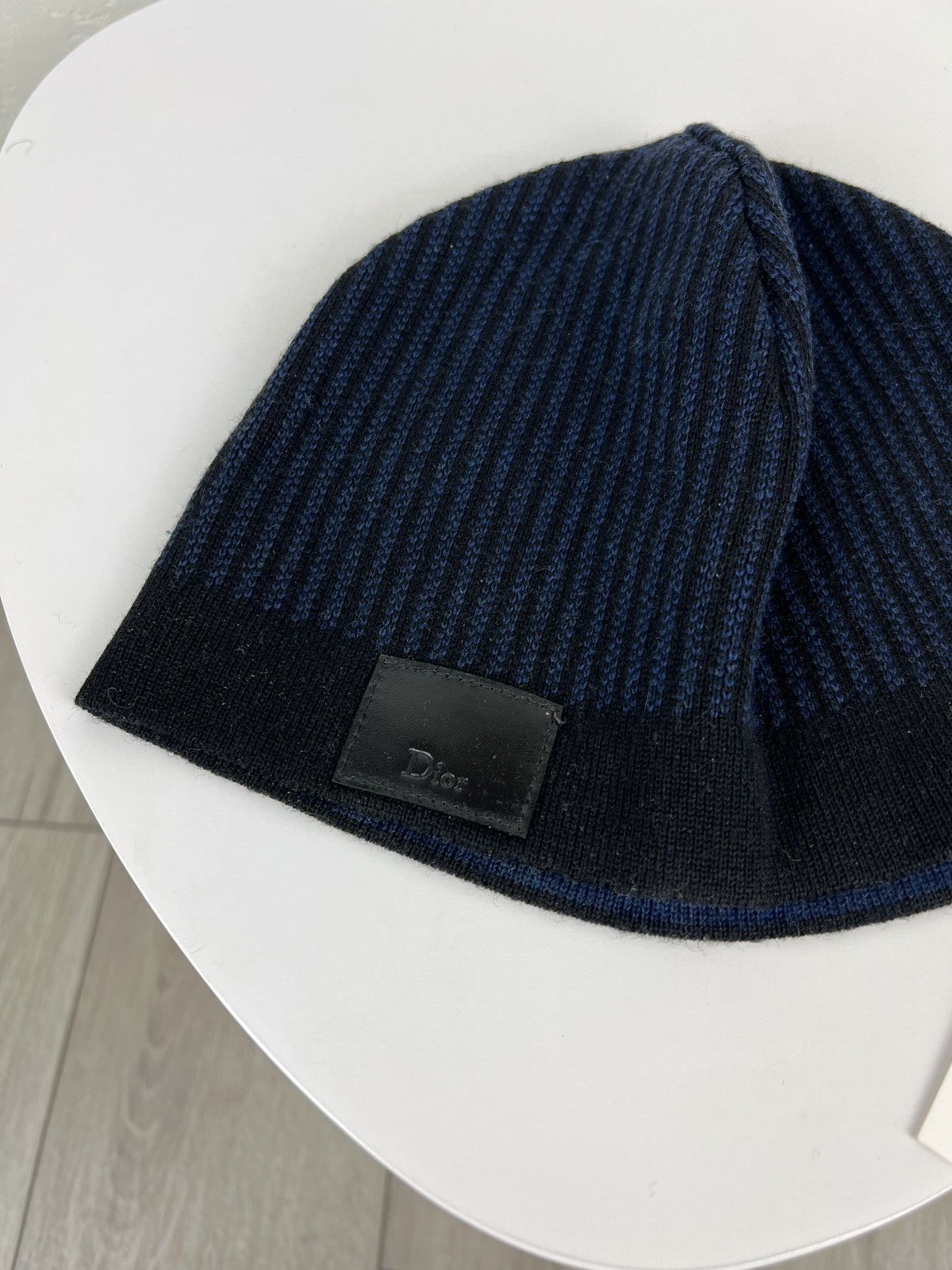 Dior DIOR Hat Wool 100% Leather Patch Logo Striped Black/Blue Men Size ONE SIZE - 4 Thumbnail