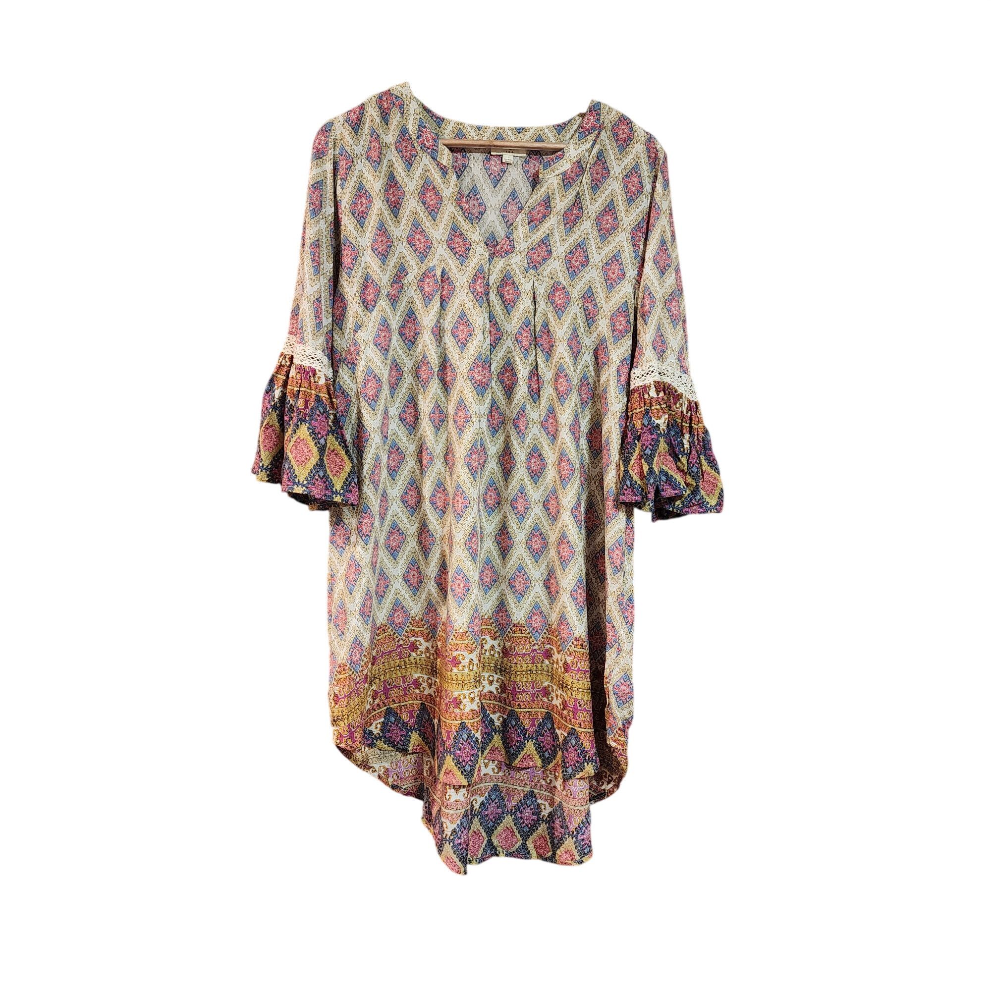 Other Umgee USA Womens Boho Tunic Dress L Multicolor Diamond Print Size L / US 10 / IT 46 - 1 Thumbnail