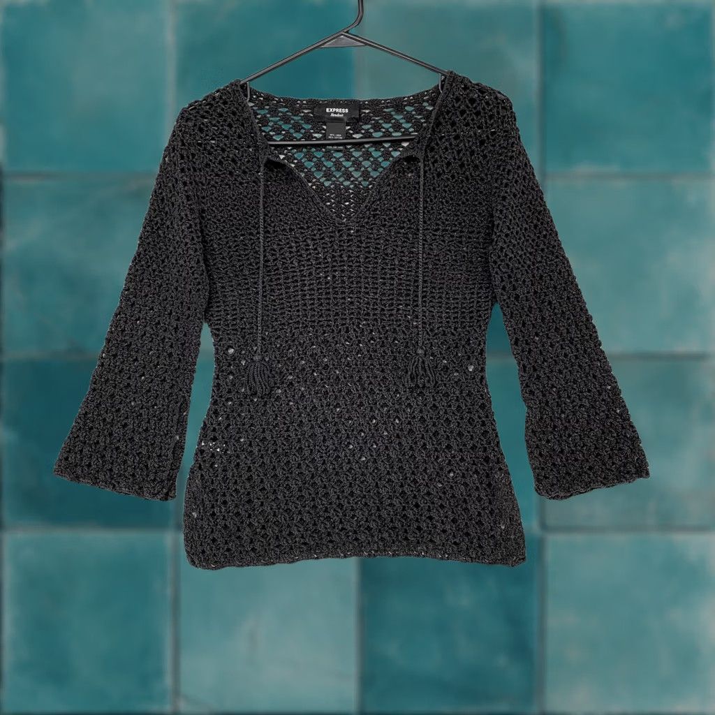 Express Express Y2K Handknit Sweater Womens Small Black Crochet V Neck Tassel Open Knit Size S / US 4 / IT 40 - 1 Thumbnail