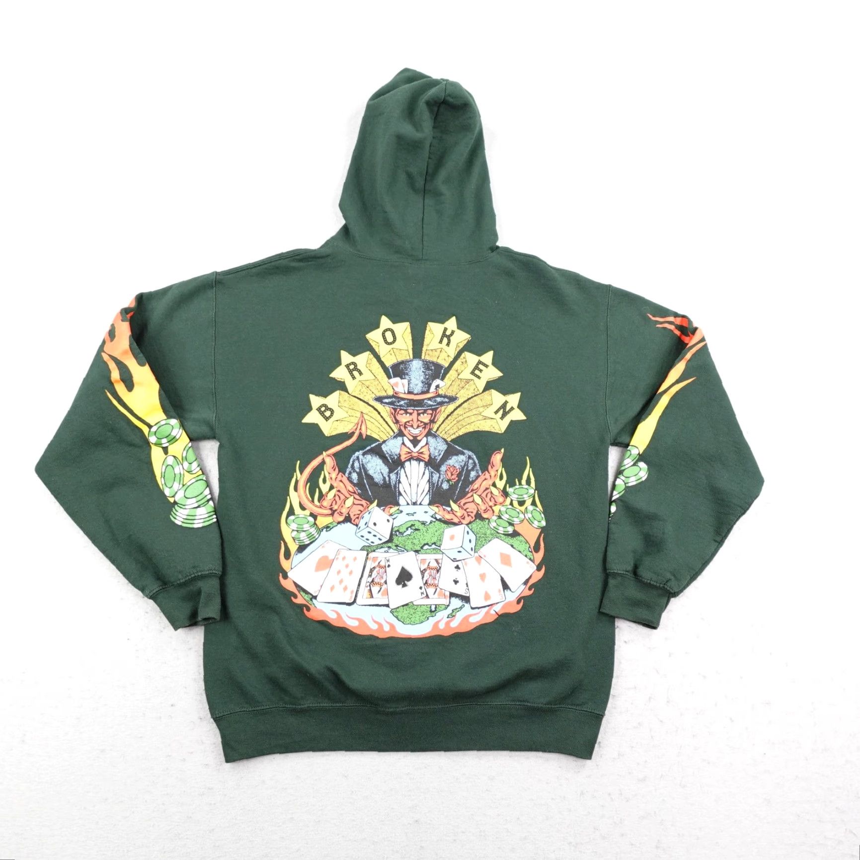 Broken Promises Co. Broken Promises Hoodie Mens Medium Green Full Zip Graphic Print Casino Poker Flames Size US M / EU 48-50 / 2 - 7 Thumbnail