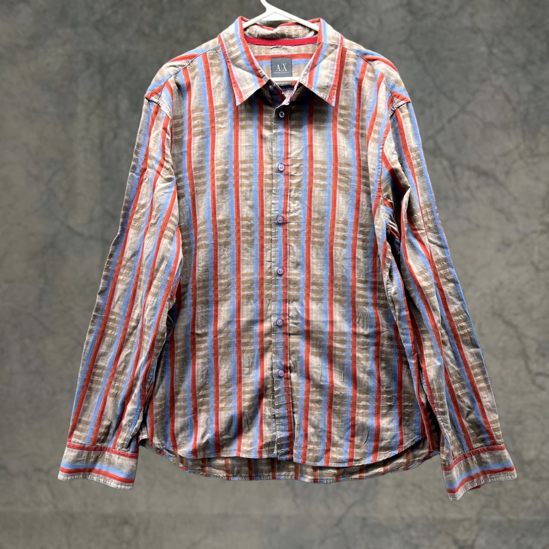 Armani Exchange VINTAGE Armani Exchange Shirt Mens XL Blue Men Beige Casual Button Down Striped Vtg Size US XL / EU 56 / 4 - 1 Thumbnail