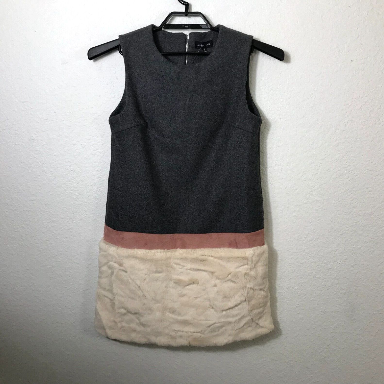 image of Vintage Sister Jane Dress Women's Size S Faux Fur Wool Blend Sleeveless Mod Colorblock in White