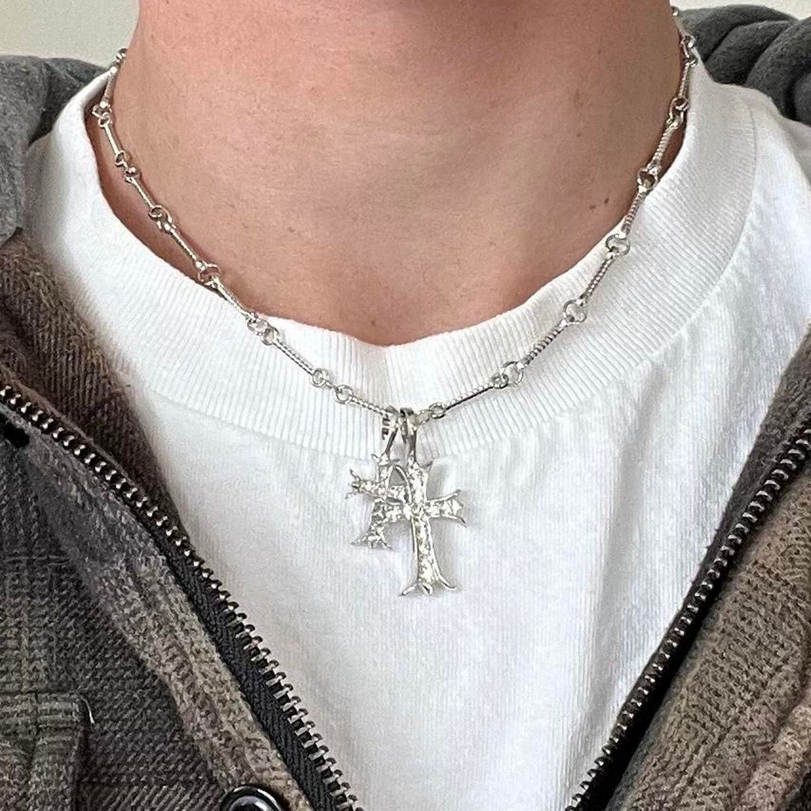 Vintage Vintage Double Cross Silver Necklace Rhinestone Cross Size ONE SIZE - 1 Thumbnail