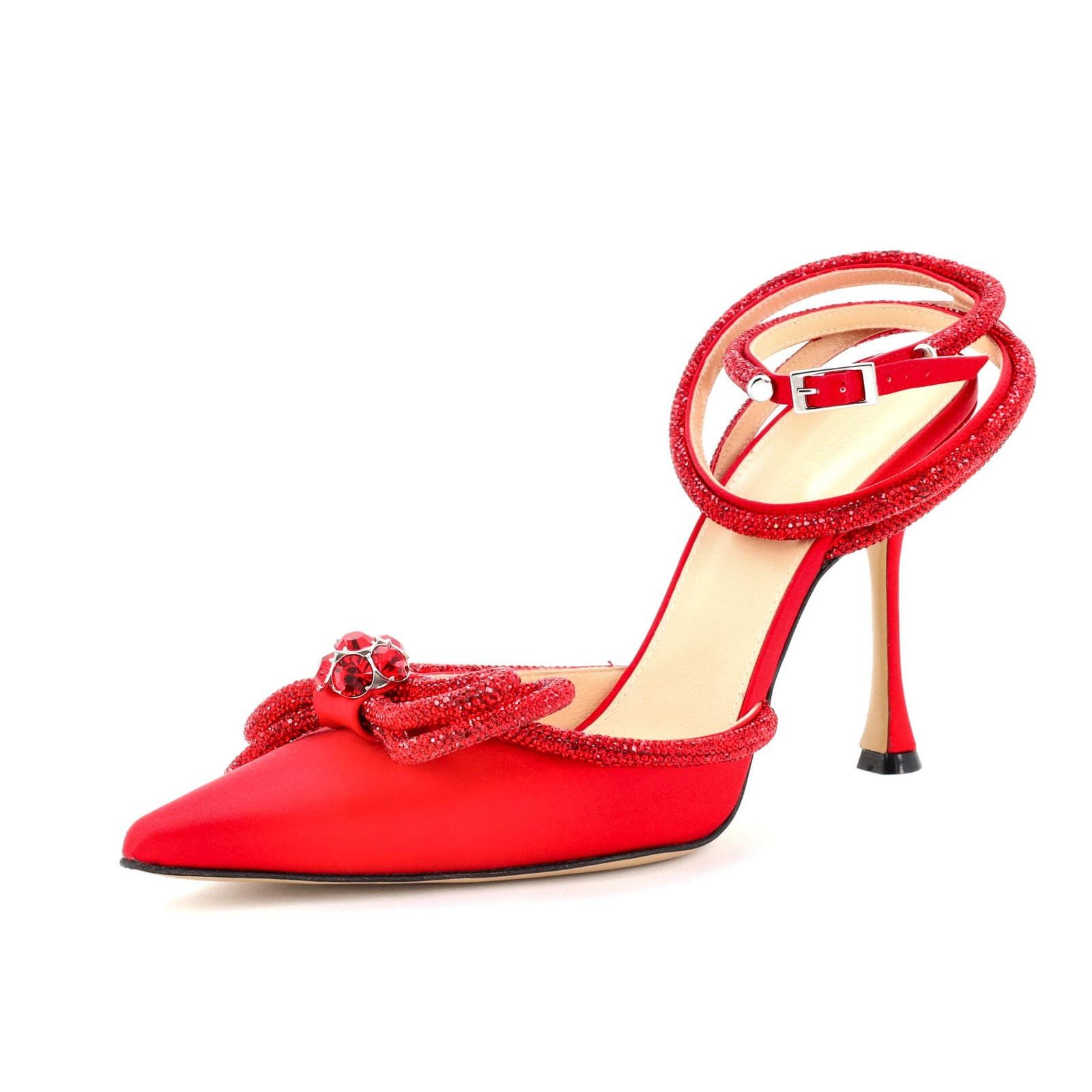 image of Mach&mach Women's Double Bow Ankle Strap Pumps Satin None Shoes in Red (Size 11)