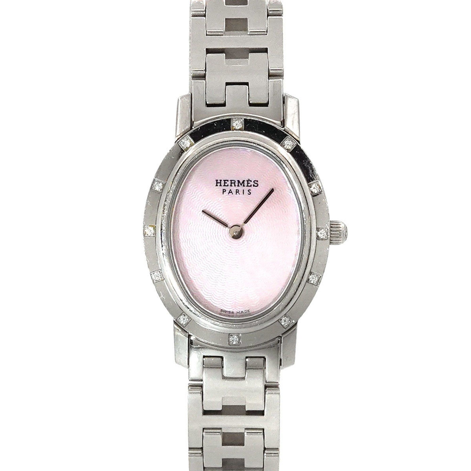 image of Hermes Clipper Nacre Oval Co1 230 Ladies' Watch Diamond Bezel Pink Shell Dial Quartz, Women's