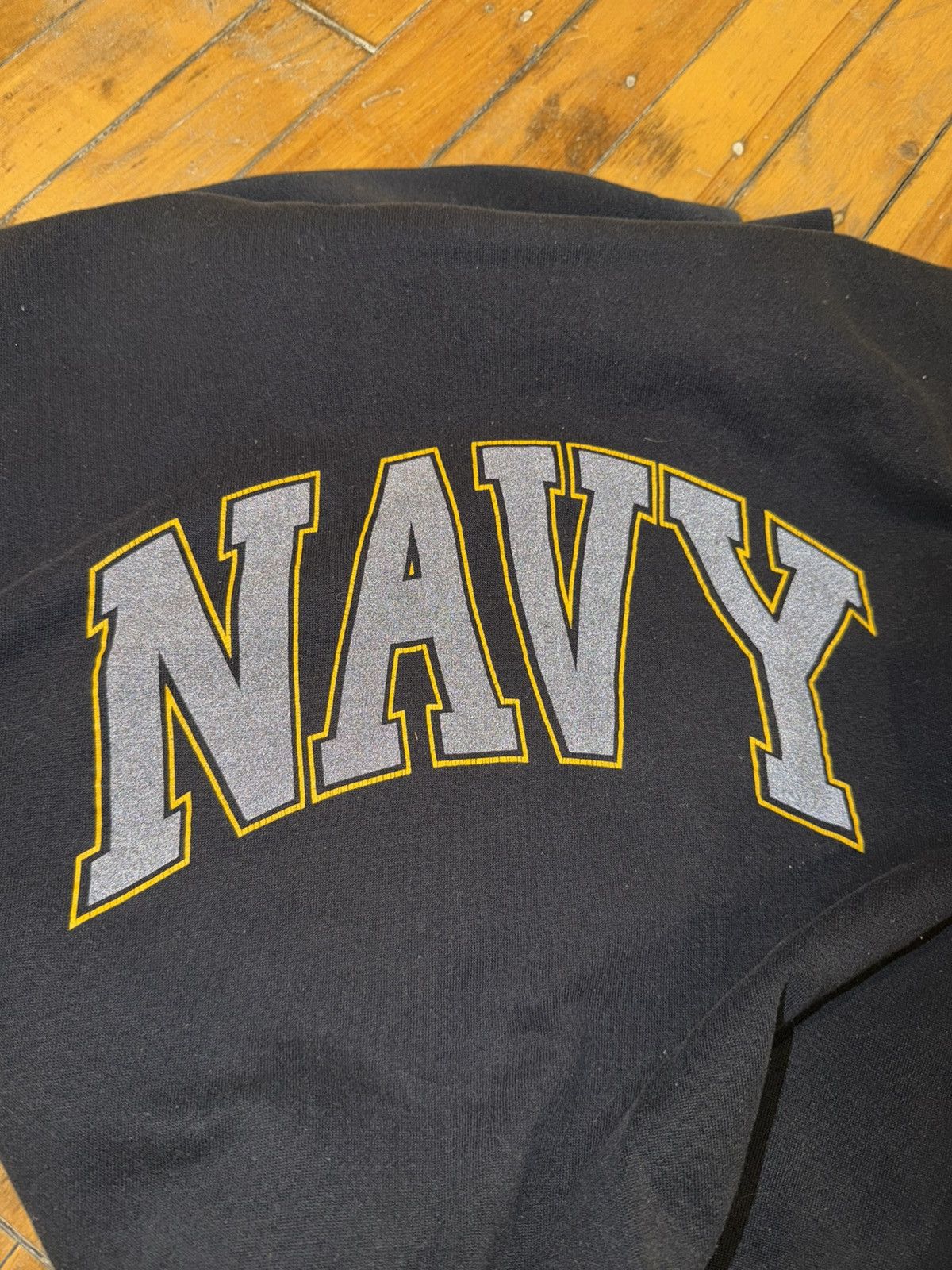 Vintage Vintage 80s Distressed Reflective Print Navy Black Crewneck Size US L / EU 52-54 / 3 - 4 Thumbnail