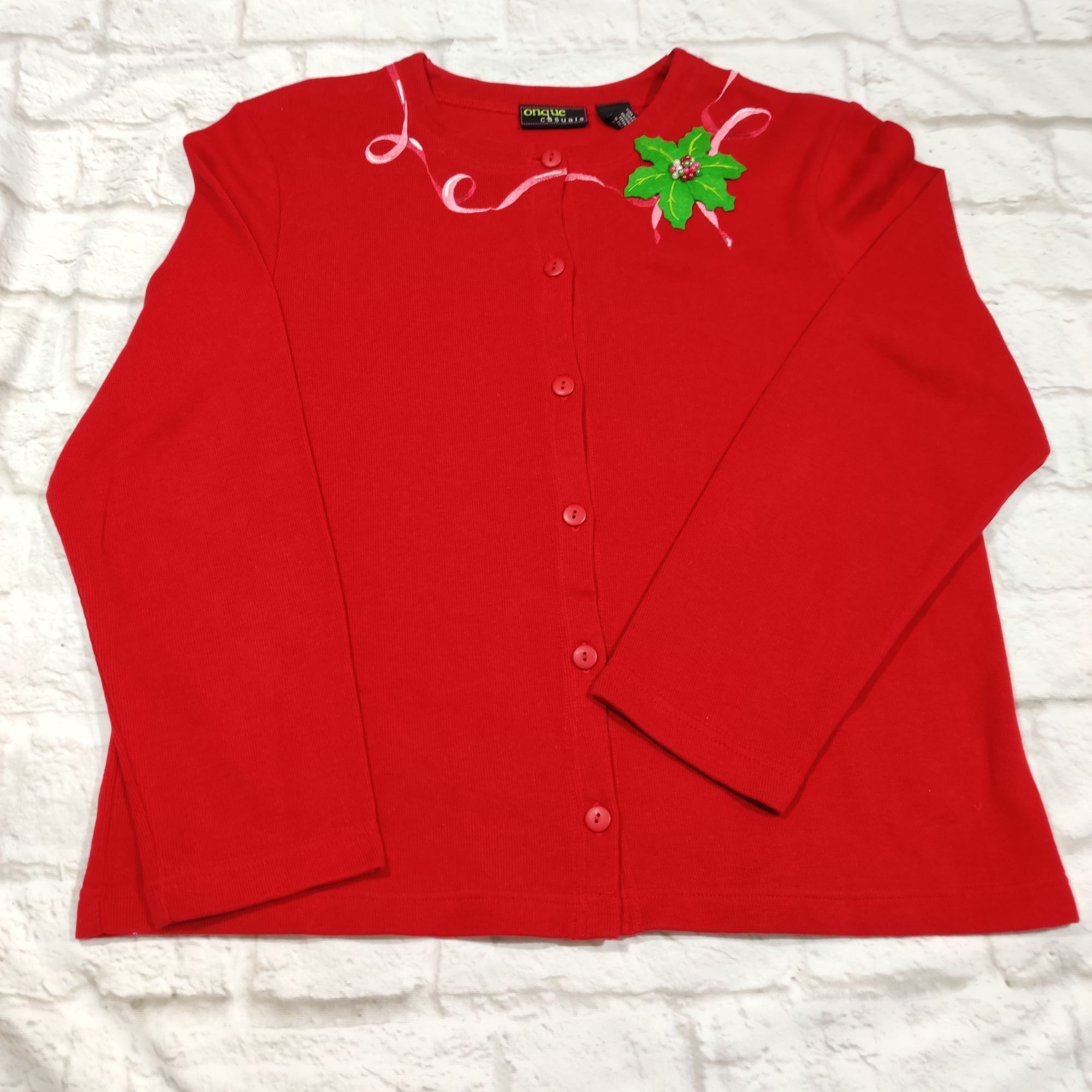 Other Onque Casual L Red Holiday Cardigan Beaded Holly Applique Bu Size L / US 10 / IT 46 - 5 Thumbnail