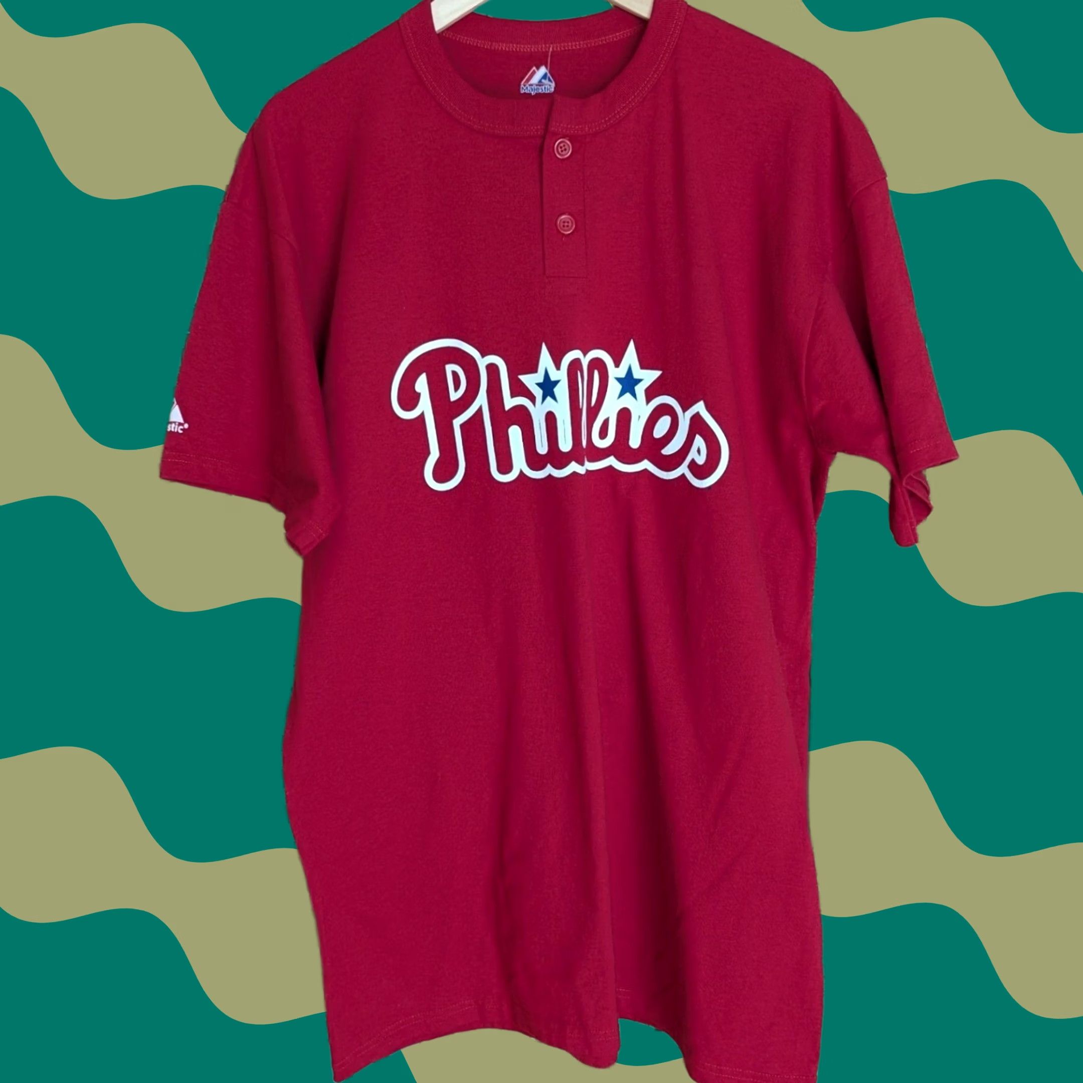 Vintage Majestic Philadelphia Phillies Baseball Henly T-Shirt Red Men's XL Shirt Size US XL / EU 56 / 4 - 1 Thumbnail