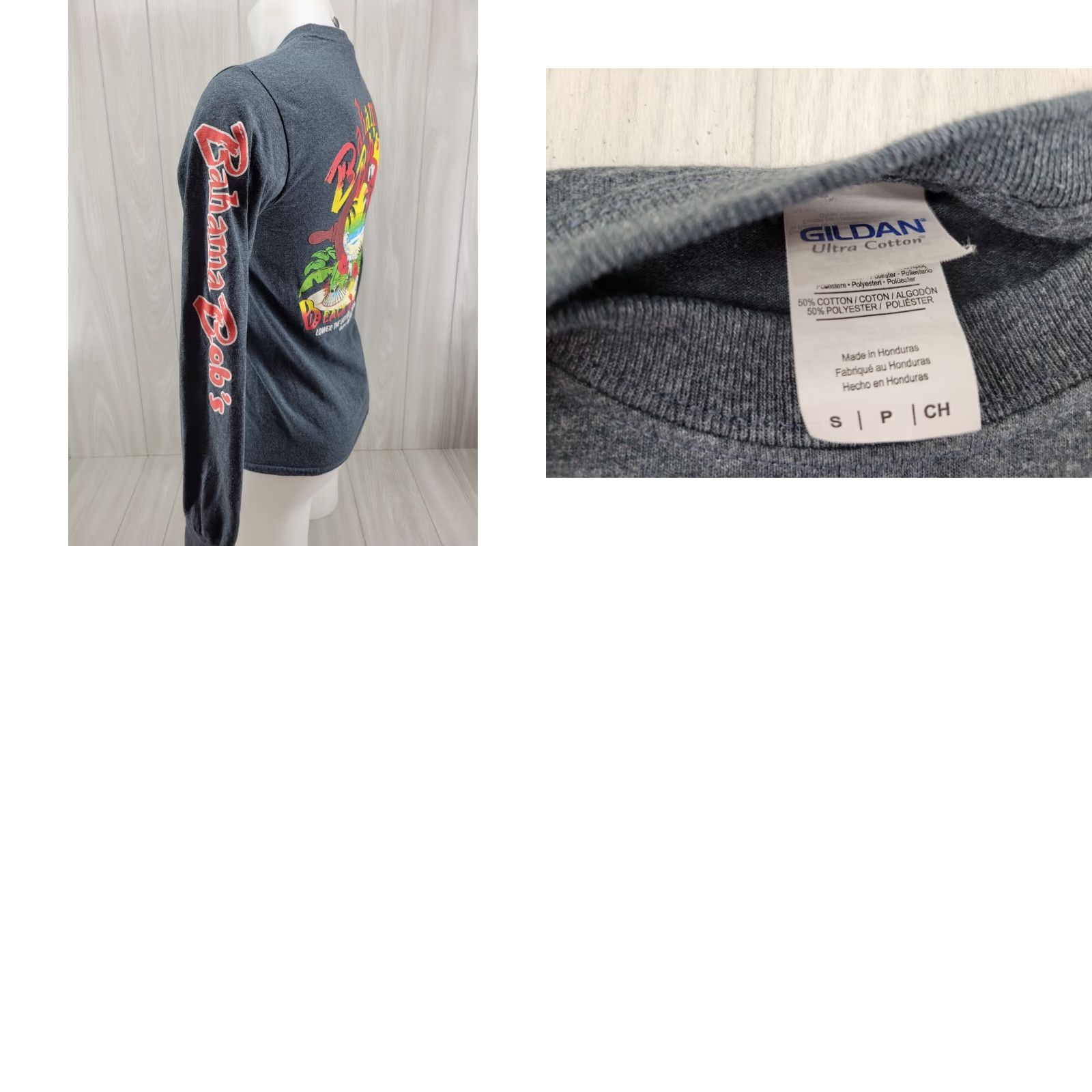Gildan Bahama Bob's Beach Side Cafe Long Sleeve Shirt Small Gray Mens Regular Cotton Beach Size US S / EU 44-46 / 1 - 8 Thumbnail
