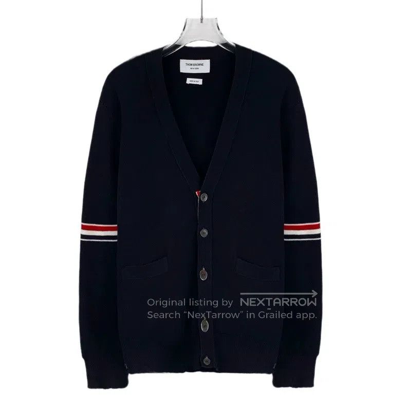 Thom Browne Navy blue cotton V-neck long-sleeved knitted c