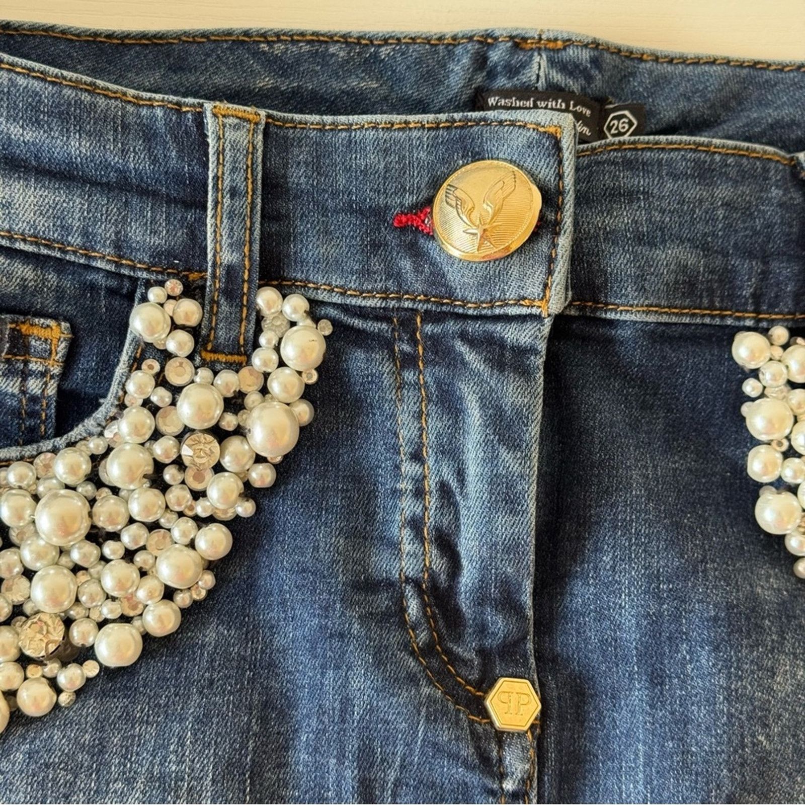Philipp Plein PHILIPP PLEIN Embellished Denim Skirt Pearl Accents, Size 26 Size 26" / US 2 / IT 38 - 4 Thumbnail
