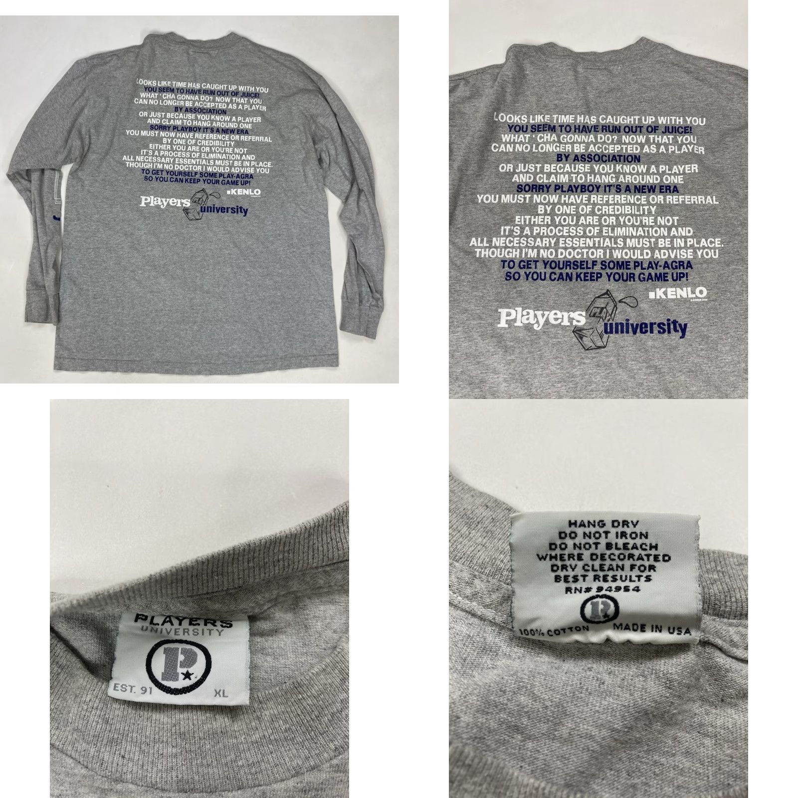 Vintage VINTAGE Players University T-Shirt Men XL Gray USA 90s Graphic Print Crew Neck Long Sleeve Hip Hop All Seasons Size US XL / EU 56 / 4 - 8 Thumbnail