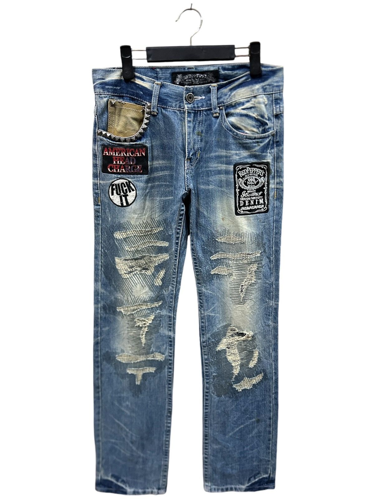Japanese Brand Vintage Red Pepper Grunge Patchwork Distressed Trashed Jeans Size US 31 - 1 Thumbnail