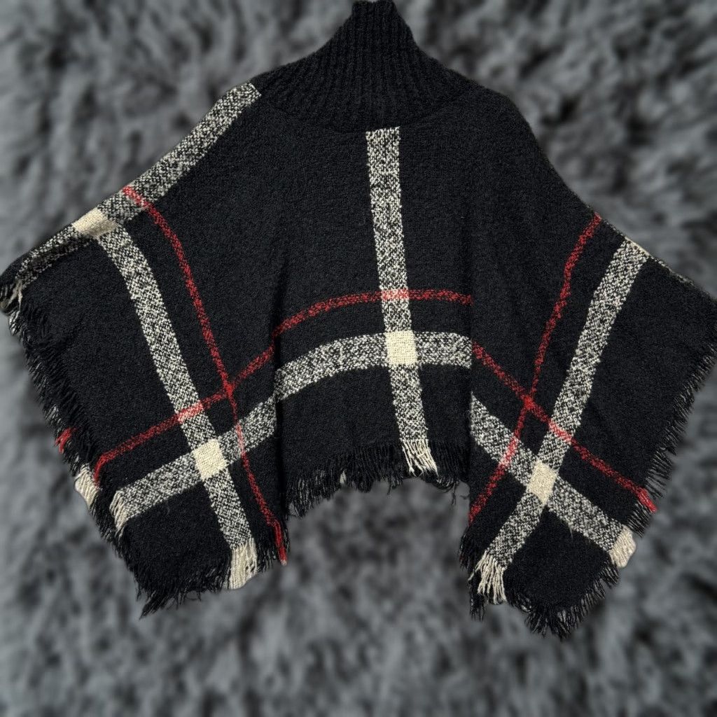 Vintage VINTAGE Plaid Turtleneck Cape Poncho Shawl Fringe Knit Cozy Cabincore Lagenlook Layering Size ONE SIZE - 1 Thumbnail