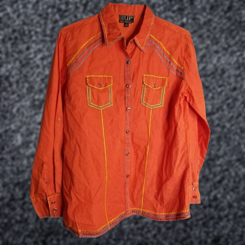 Vintage Cowgirl Up Women's XXL Orange Long Sleeve Western Shirt Embellished Stitching Turquoise Rhinestone Snap Button Size XXL / US 16-18 / IT 52-54 - 1 Thumbnail