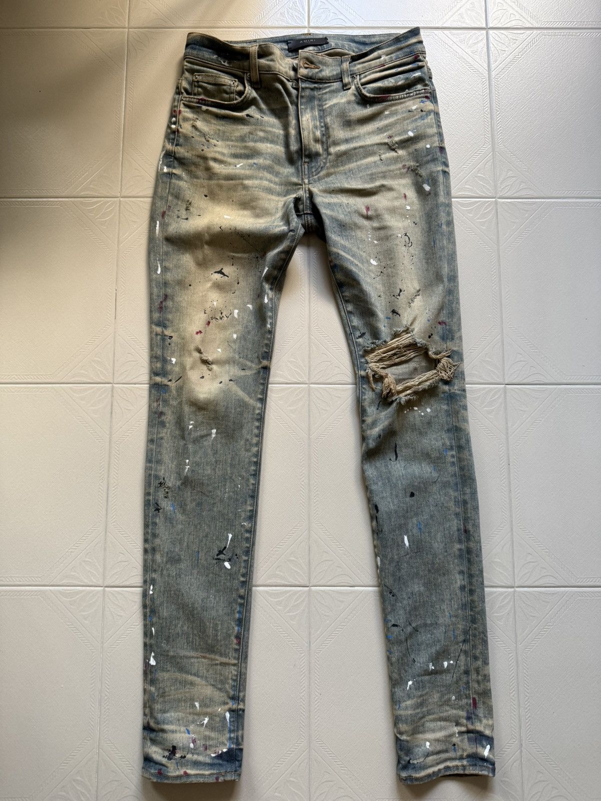 Amiri Skinny-Fit Paint- Splattered Distressed Stretch Denim Jeans Size US 32 / EU 48 - 2 Thumbnail