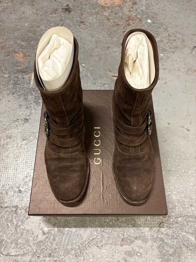 Gucci 2000s Gucci Brown Biker Buckles Ankle Eroded Suede Leather Boots Size US 7.5 / EU 40-41 - 2 Thumbnail