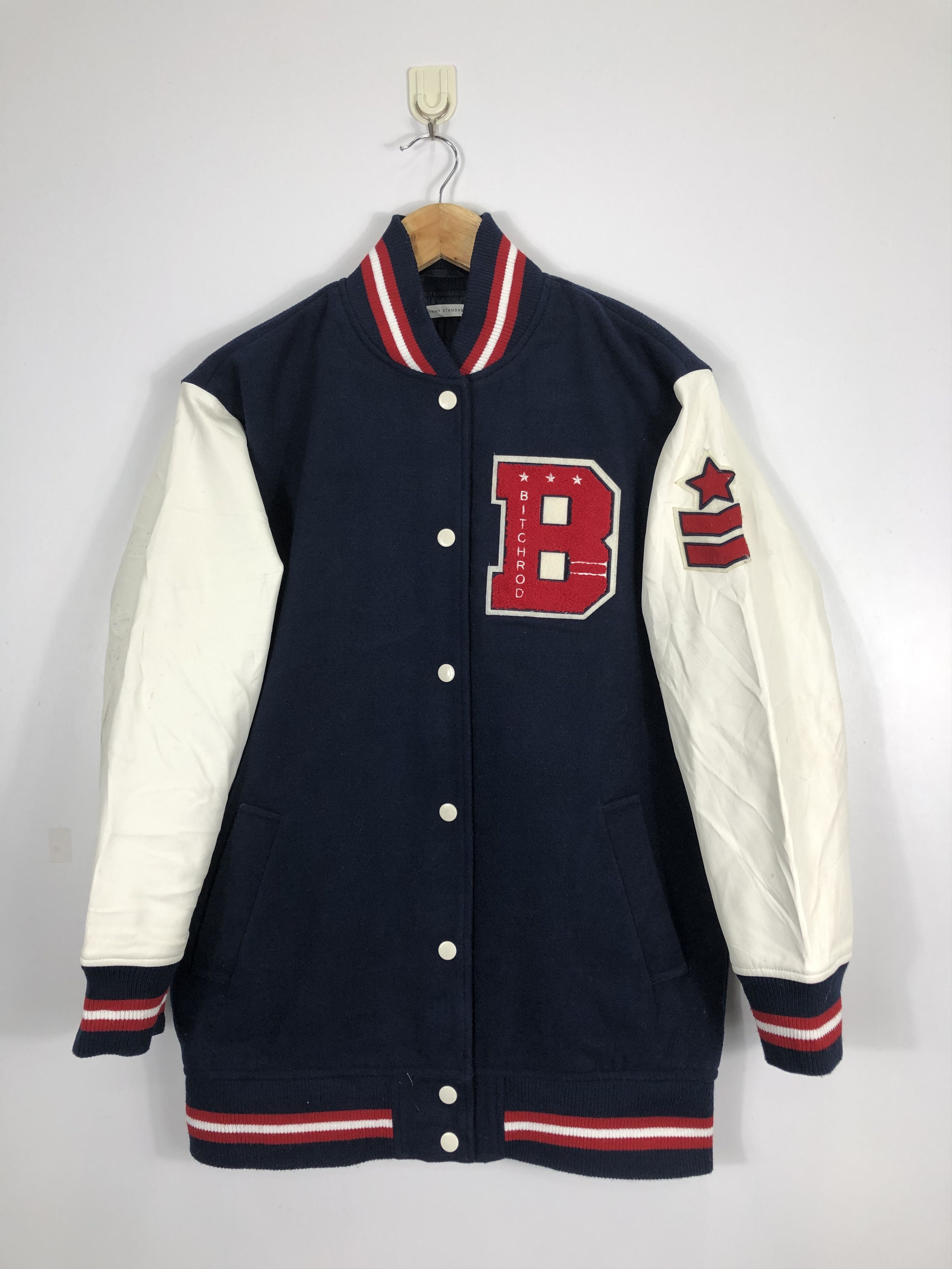 image of Browny Varsity Jacket Leather Sleeve in Dark Blue, Men's (Size Medium)