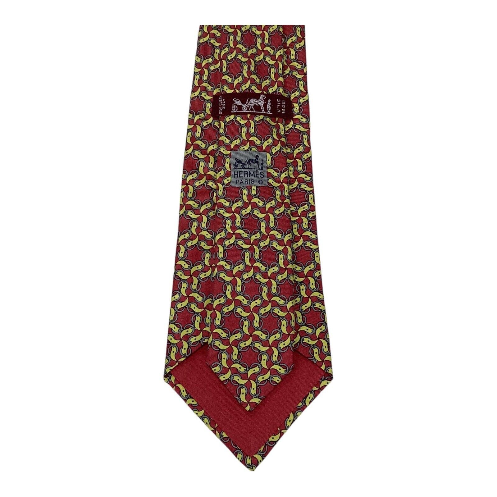 Hermes HERMES PARIS Vintage 7420 HA Red Yellow Belt Print Silk Tie Size ONE SIZE - 5 Thumbnail