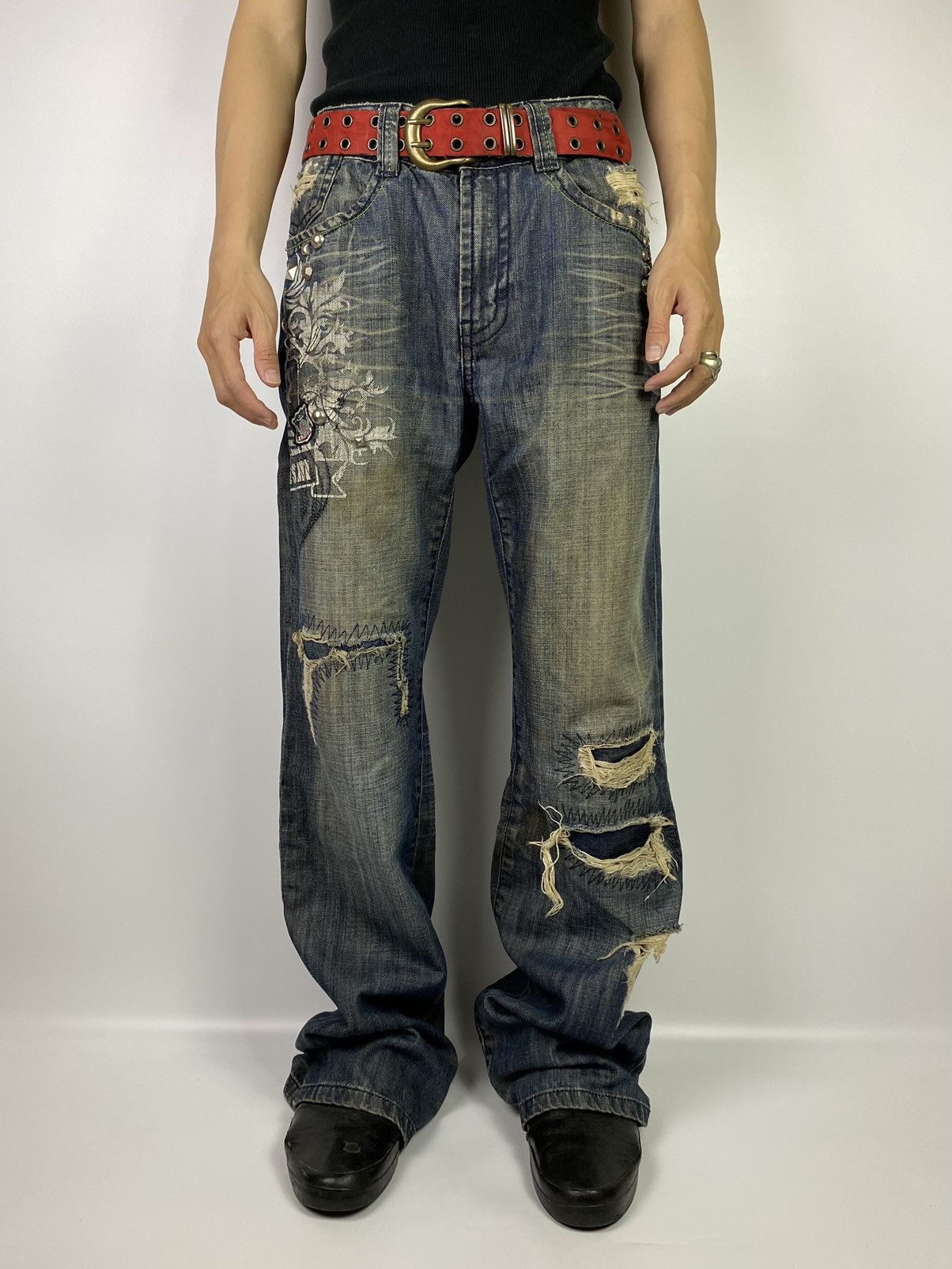If Six Was Nine × Japanese Brand osaka big train 📍 distressed patchwork studdet jeans 32x32 Size US 32 / EU 48 - 2 Thumbnail