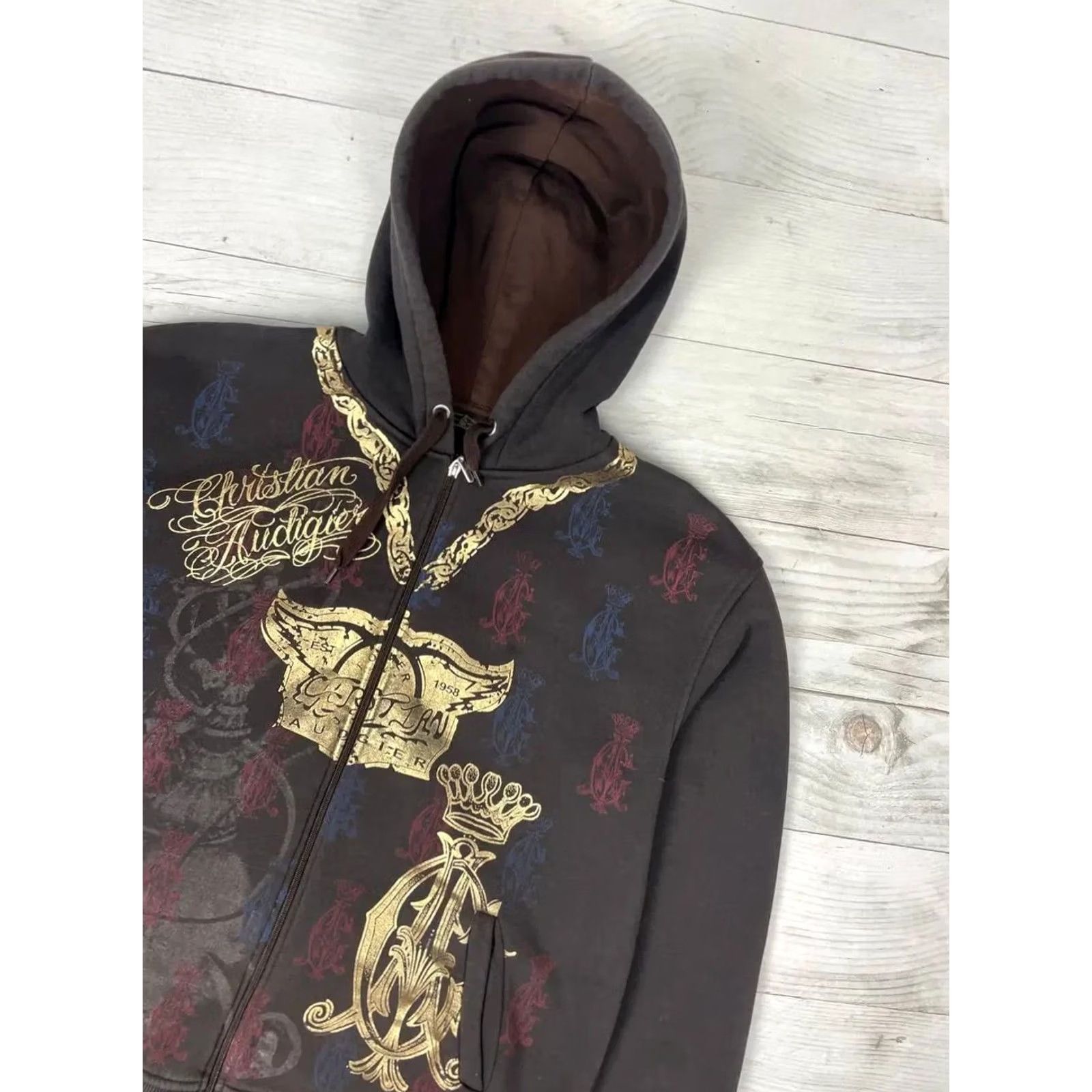Vintage VINTAGE Christian Audigier Hoodie Full Zip Mens 2XL Brown 90s Love Full Zip Hooded Sweatshirt Brown 90s Size US XXL / EU 58 / 5 - 4 Thumbnail