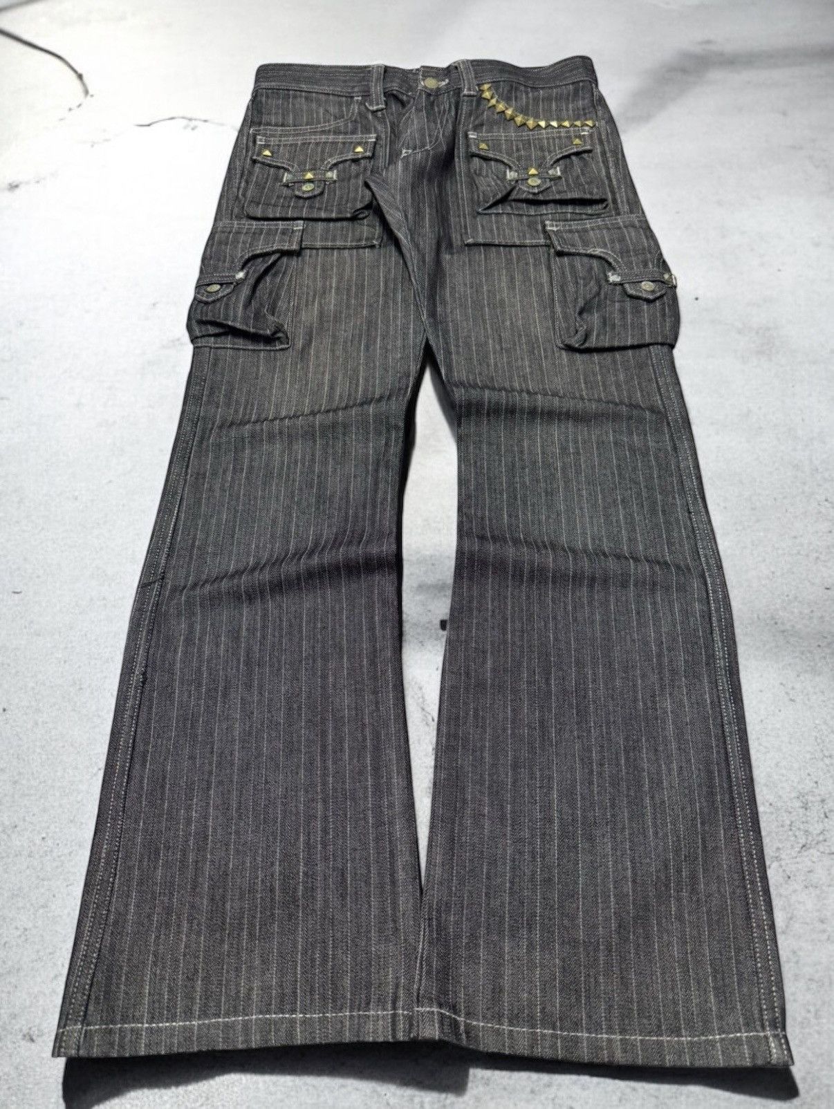 Tornado Mart Studded Herringbone Cargo Flared Jeans Waist 30