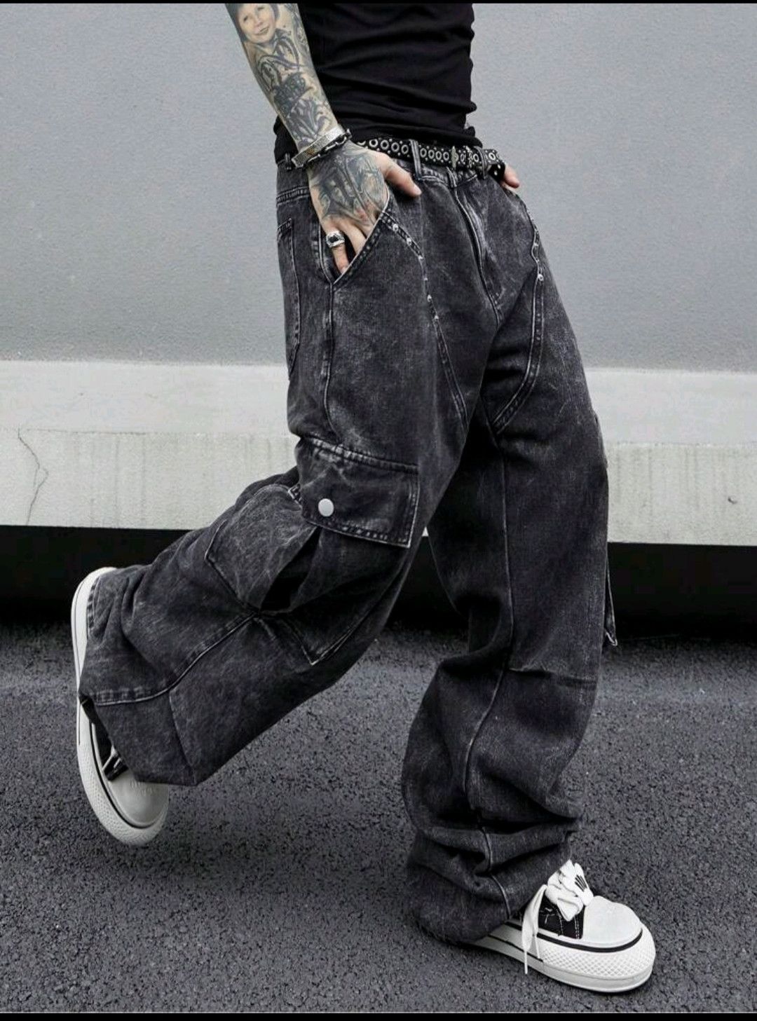 Japanese Brand × Jean Casual Flap Pocket Side Black Cargo Jeans sh Size US 35 - 1 Thumbnail