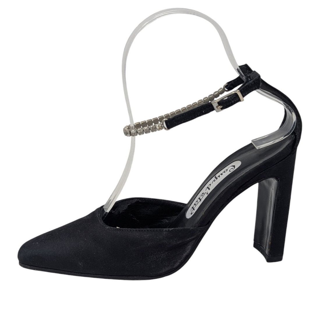 1990S Vintage Formal Heel Shoes Black 6.5 Satin Ankle Strap, Women's