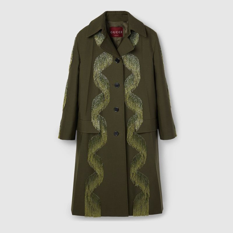 Gucci o1la5ras0526 Wool Coat With Beaded Fringe in Green Size M / US 6-8 / IT 42-44 - 1 Thumbnail